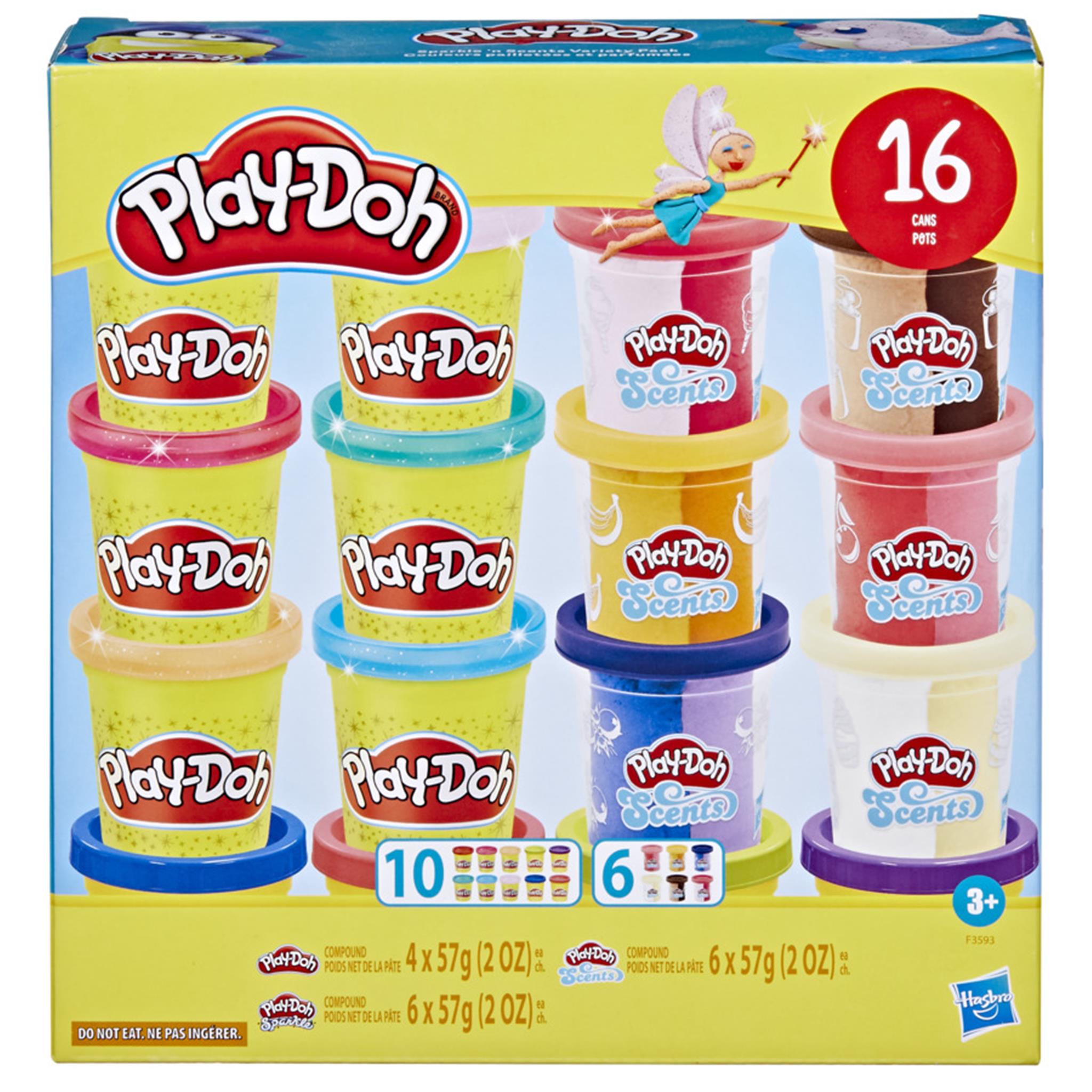 A Play-Doh variety pack featuring 16 cans of modeling compound in different colors, including sparkly and scented varieties, with packaging suitable for children.