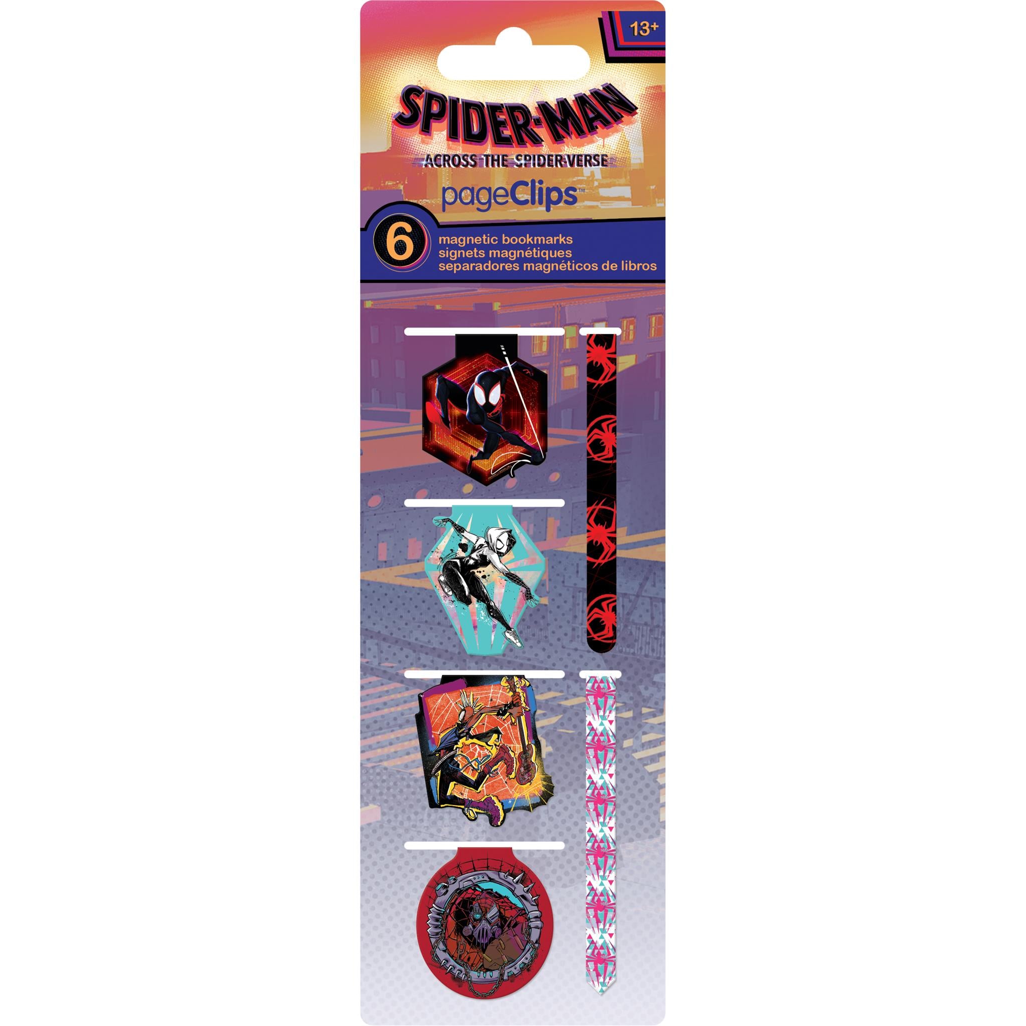 Packaging for 'Spider-Man: Across The Spider-Verse Page Clips Calendar' featuring six magnetic page markers with Spider-Man designs.