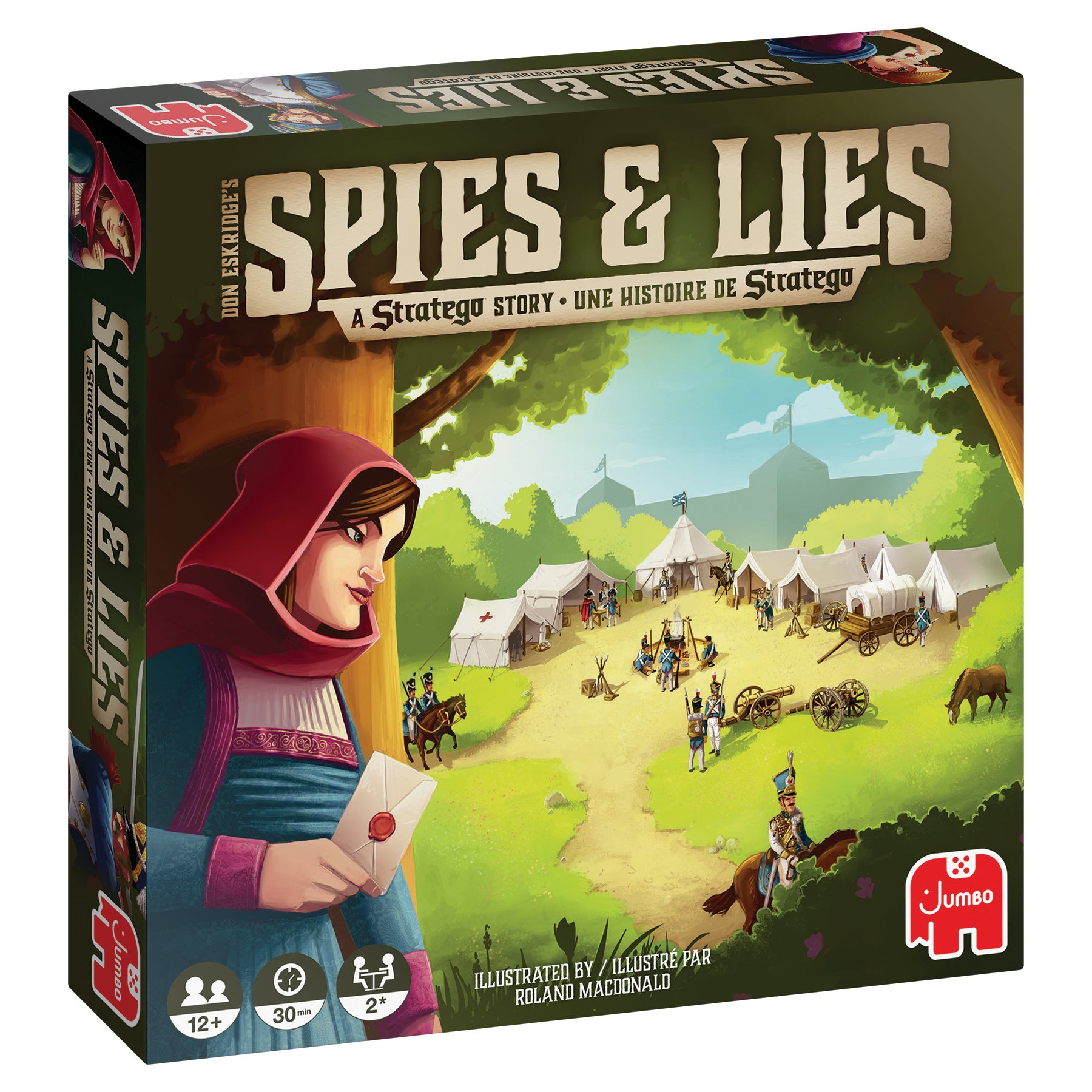 Board game box cover for 'Spies and Lies - A Stratego Story' featuring illustrations of a character in a hooded cloak, horses, and a village under siege.