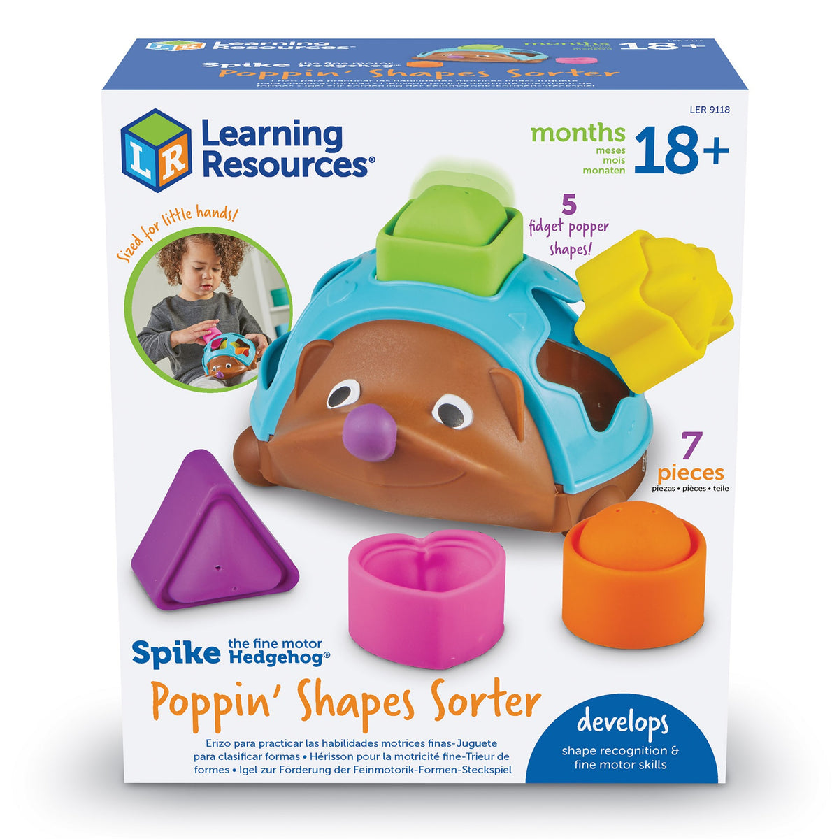 Packaging for Spike the Fine Motor Hedgehog Poppin' Shapes Sorter, featuring a cartoon hedgehog in a blue hat with a selection of colorful geometric shape pieces, such as a triangle, heart, and circle.