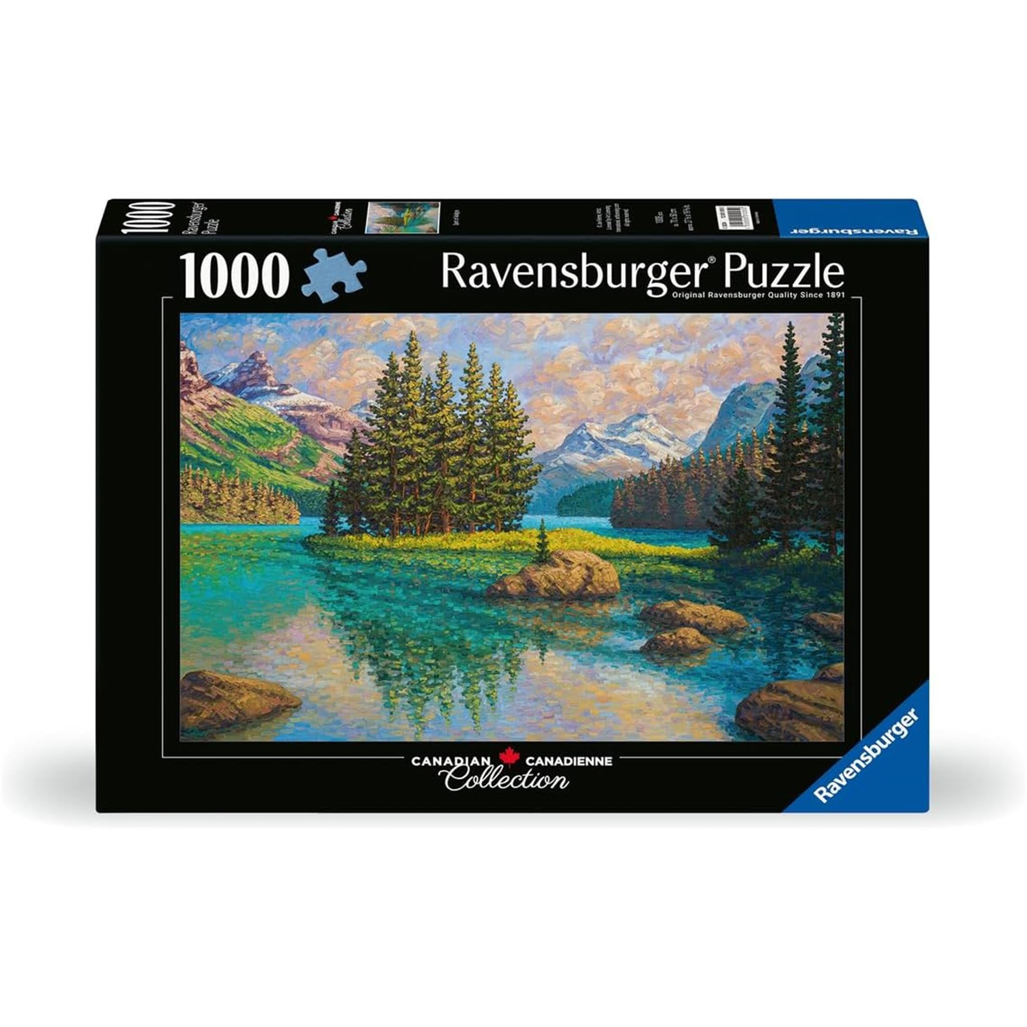 A 1000 piece Ravensburger jigsaw puzzle box featuring a vibrant painting of a natural landscape with trees and mountains.