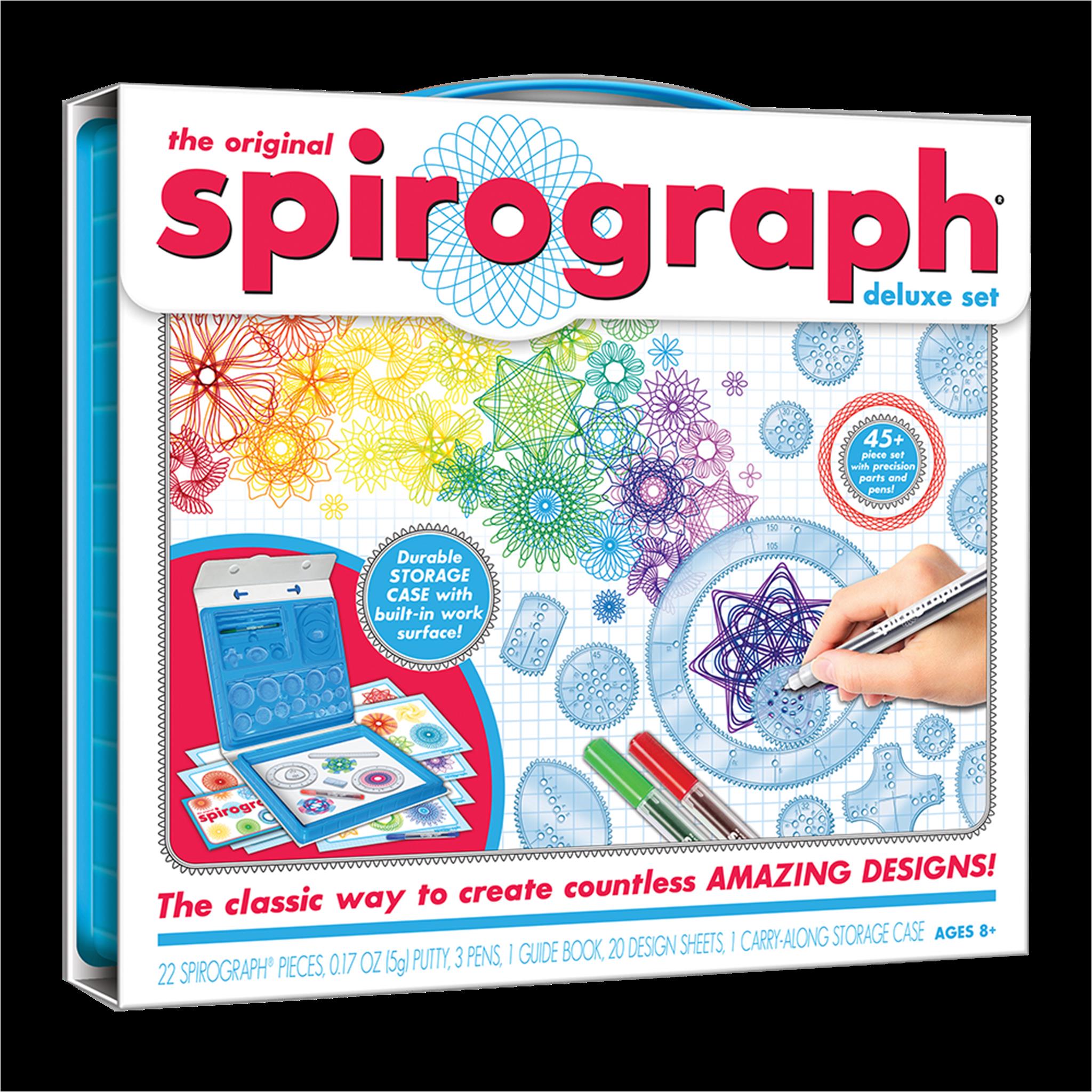Packaging for Spirograph Deluxe set showing the toy and its components with colorful designs created using the Spirograph.