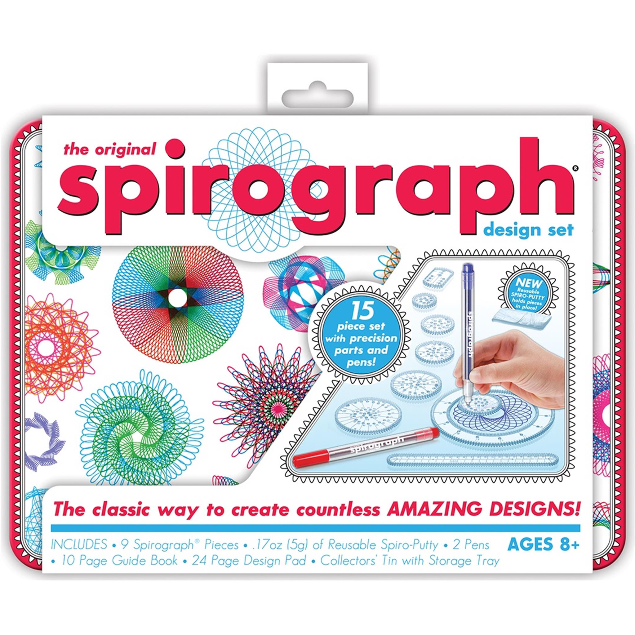 Packaging of the original Spirograph design set showing the tin with a snap-in storage tray, a variety of colorful Spirograph patterns, and a hand using the Spirograph tool to create a design.