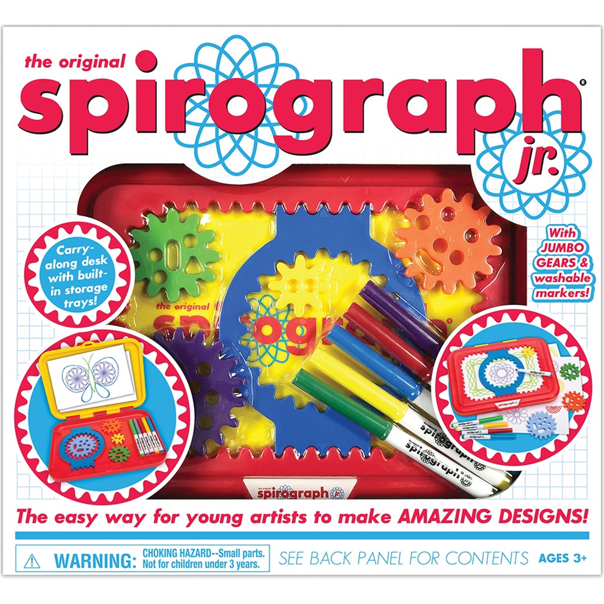 Packaging for Spirograph Jr. with colorful gears and pens, designed for young artists to create patterns and designs.