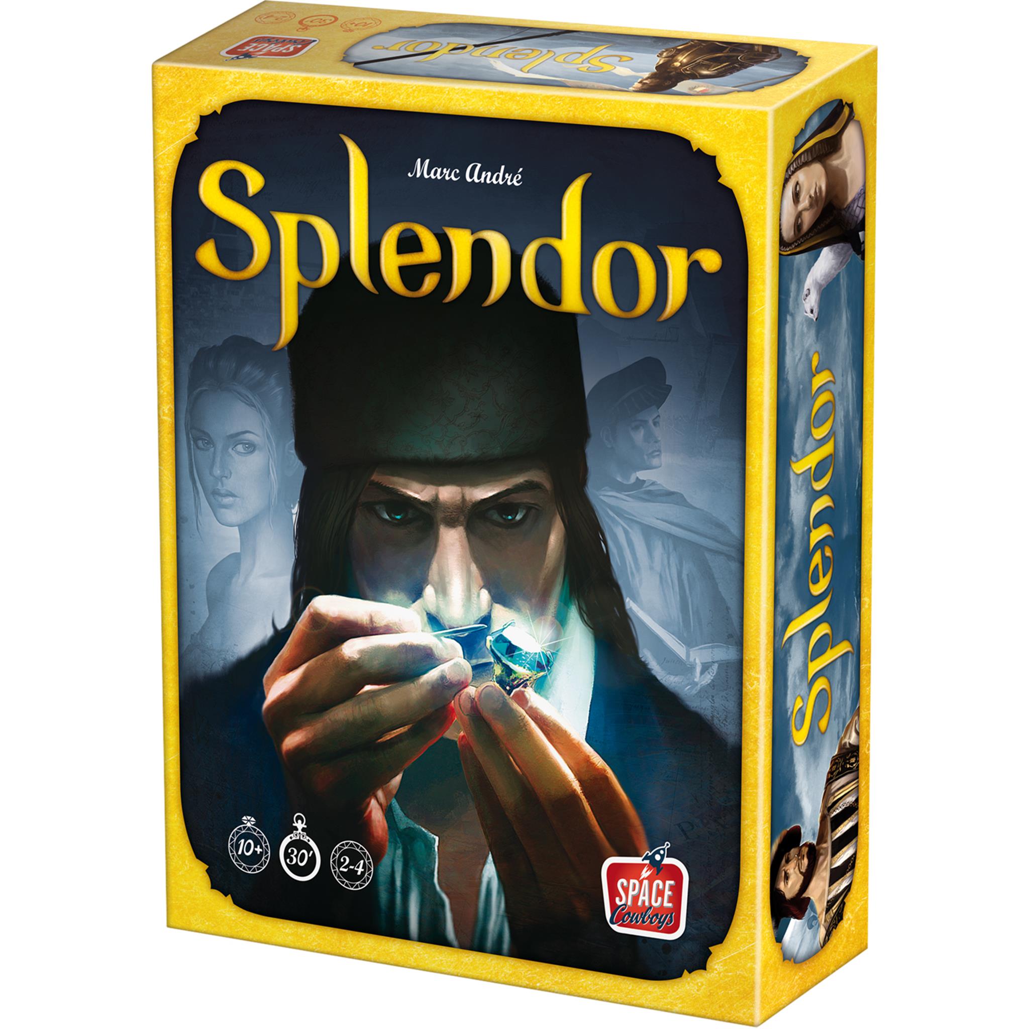 Board game box cover for 'Splendor' featuring an illustration of a character holding a gem, with the game's title at the top.
