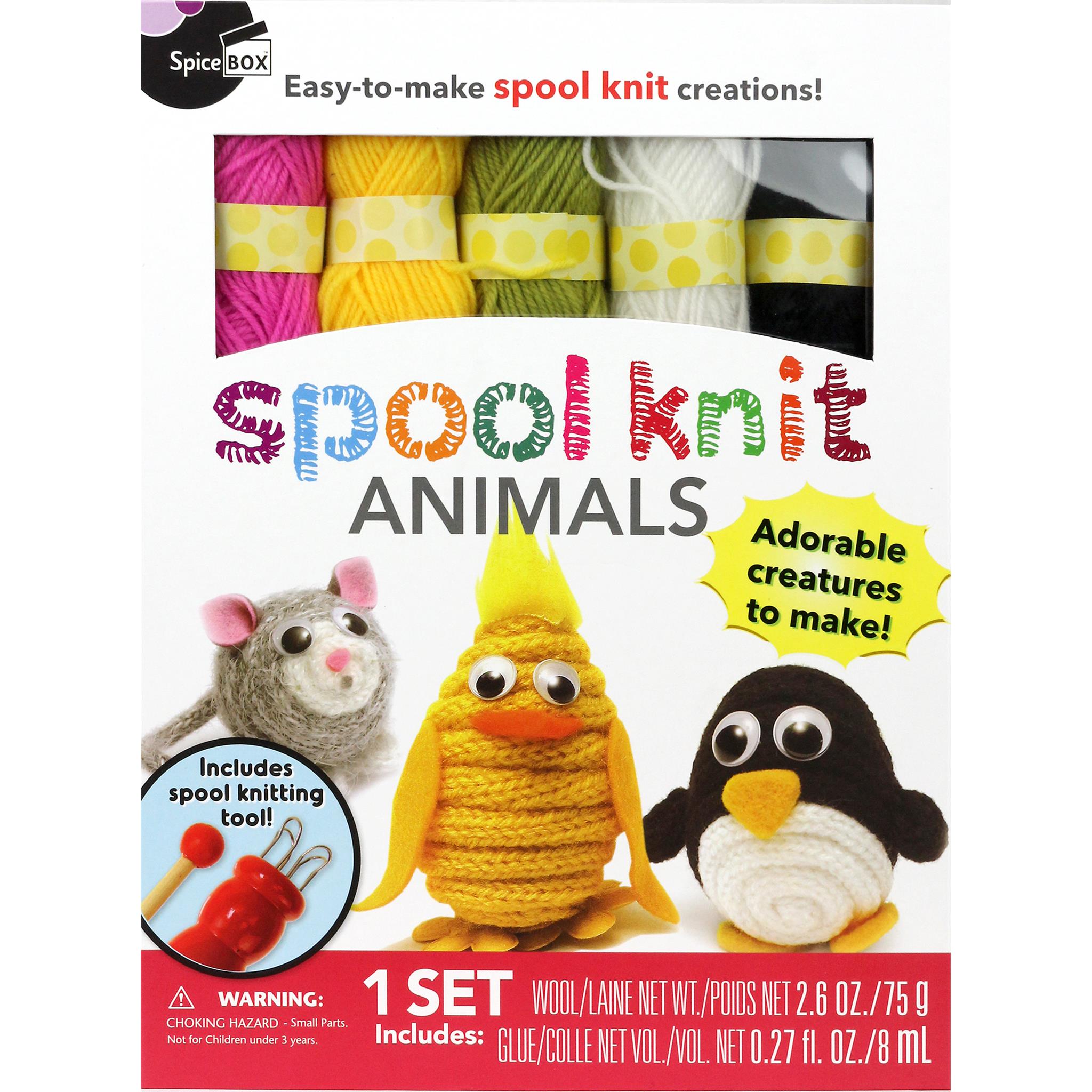 Packaging for 'Spool Knit Animals' craft kit showing yarn and completed animal toys, with text detailing what is included in the set.