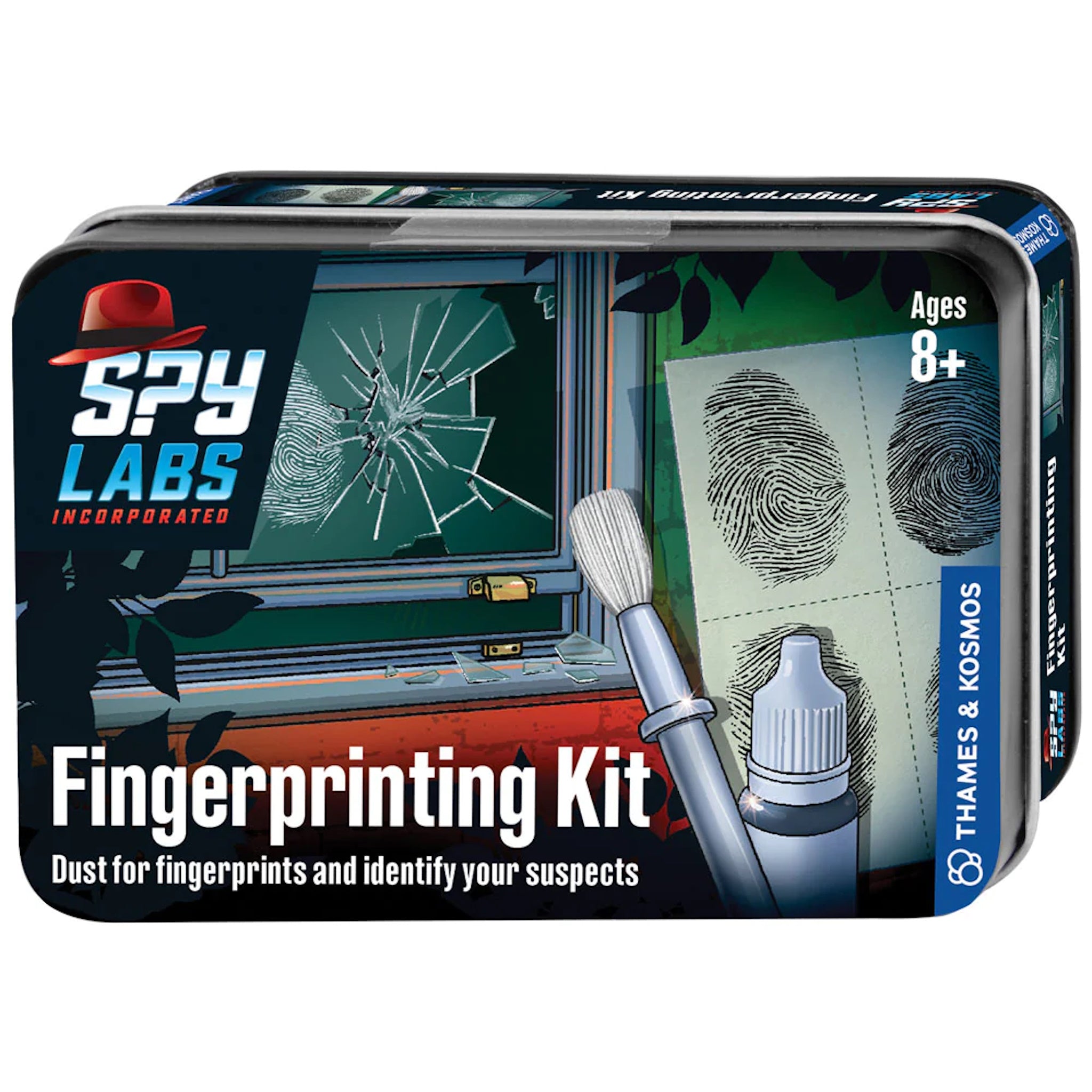 Packaging for Spy Labs Fingerprinting Kit by Thames and Kosmos showing a fingerprint on paper, fingerprint powder, and a magnifying glass with the product's name and age recommendation.