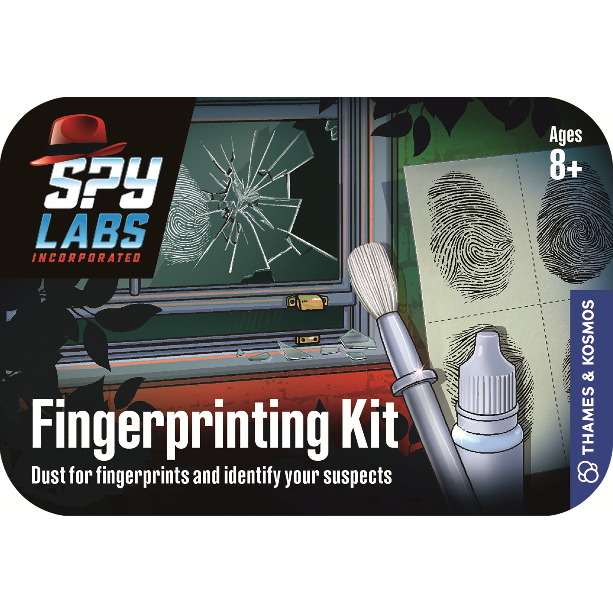 Packaging for Spy Labs Fingerprinting Kit by Thames and Kosmos showing a fingerprint on paper, fingerprint powder, and a magnifying glass with the product's name and age recommendation.