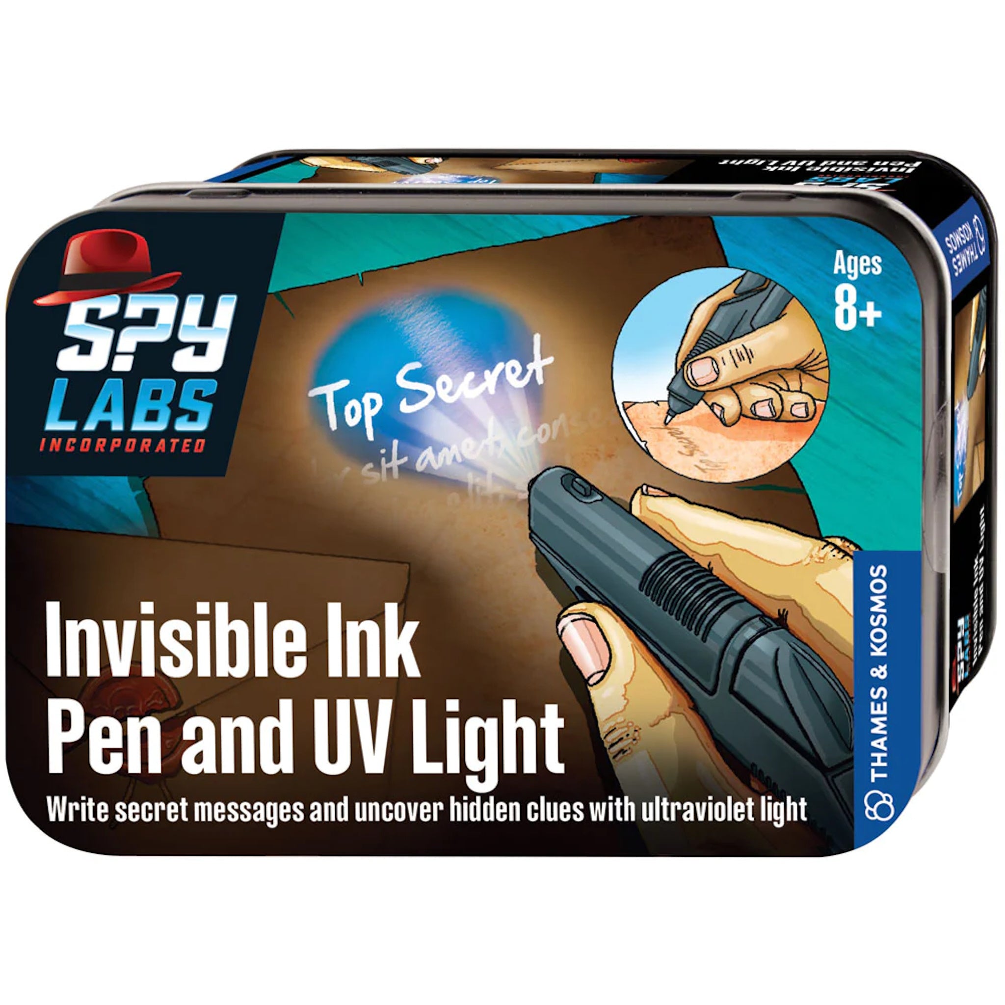 Packaging for Spy Labs Invisible Ink Pen and UV Light, featuring images of a child with a toy gun and the product's UV light in action.