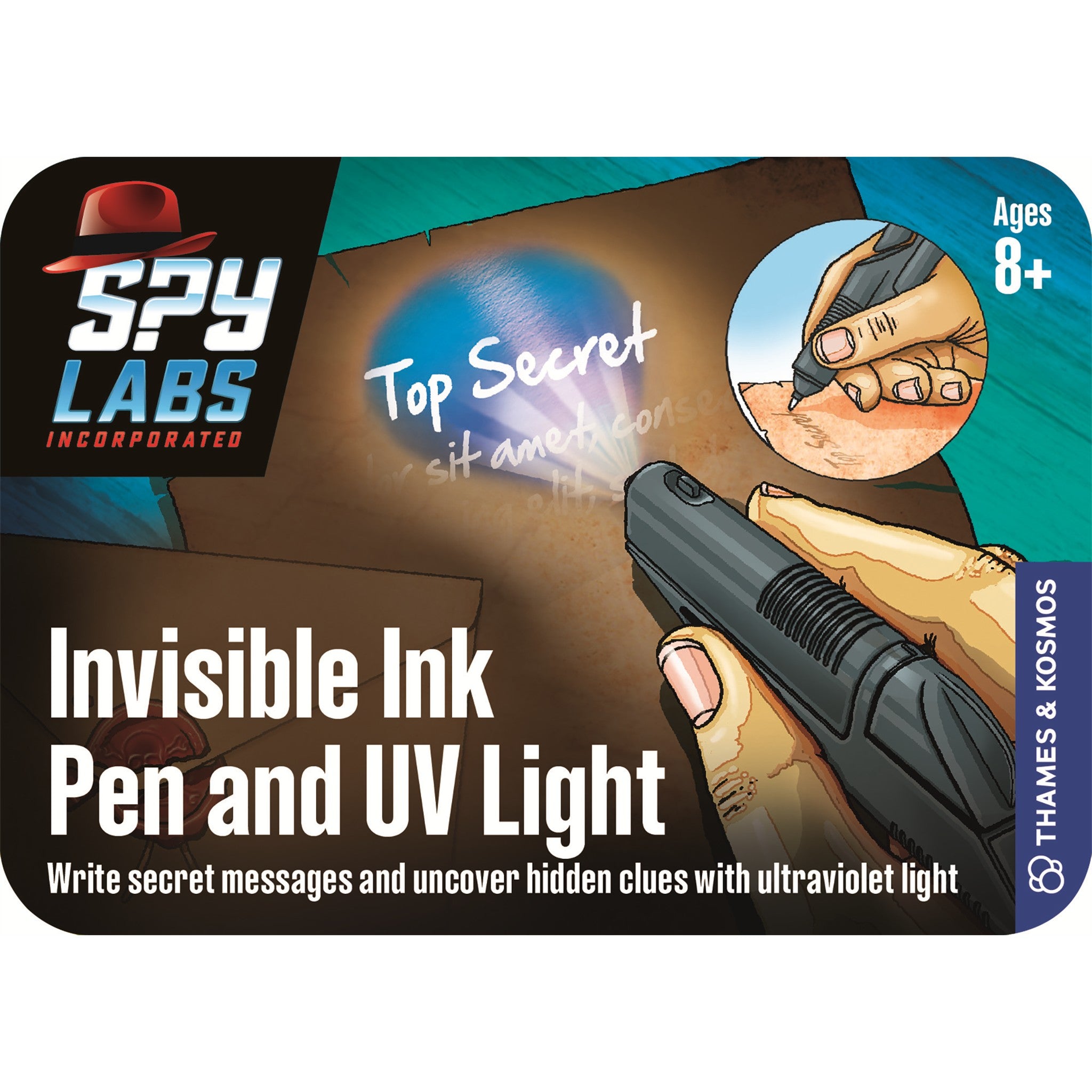 Packaging for Spy Labs Invisible Ink Pen and UV Light, featuring images of a child with a toy gun and the product's UV light in action.