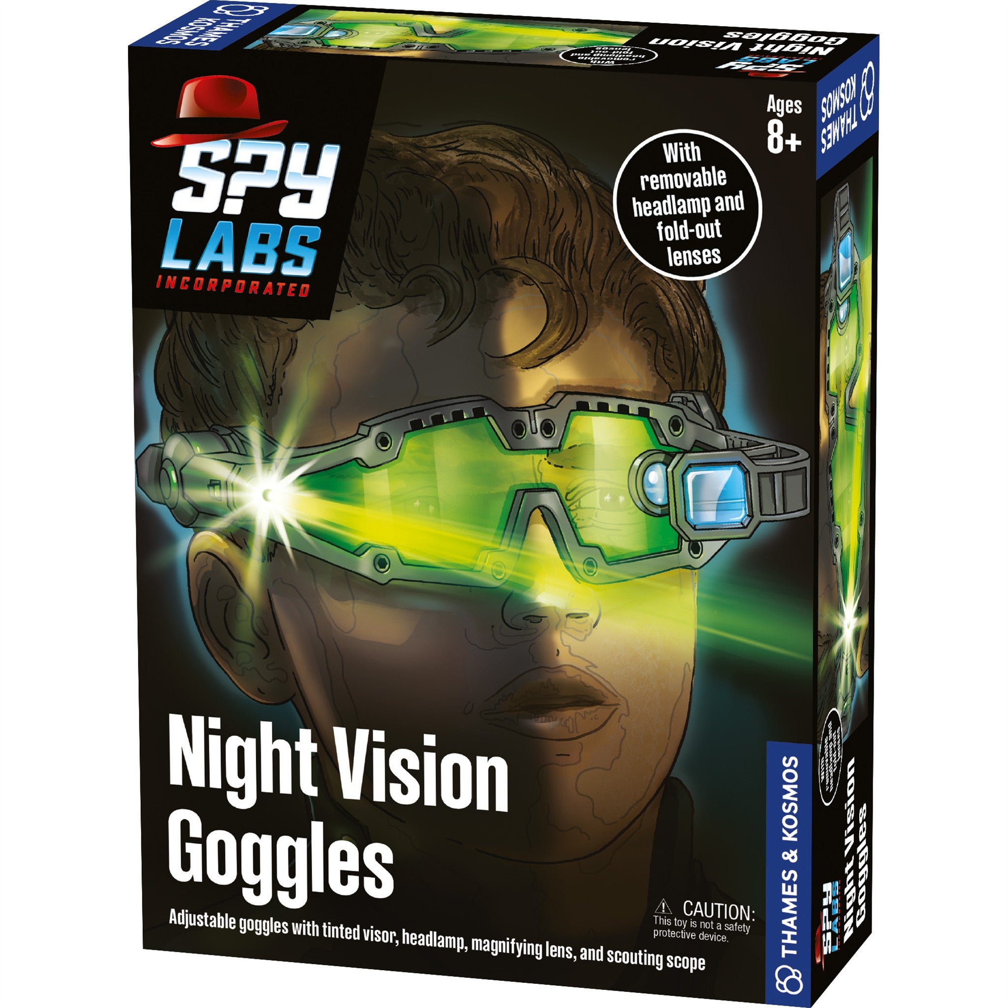Box packaging for Spy Labs Night Vision Goggles featuring the goggles with a green LED headlamp illuminated, and a caution note stating 'Batteries Included: Yes'.