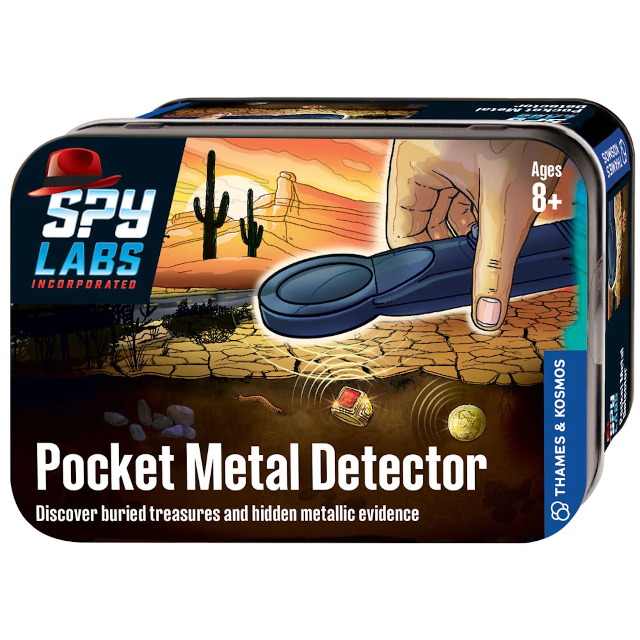 Packaging for Spy Labs Pocket Metal Detector toy featuring the product and metallic objects with a desert backdrop.