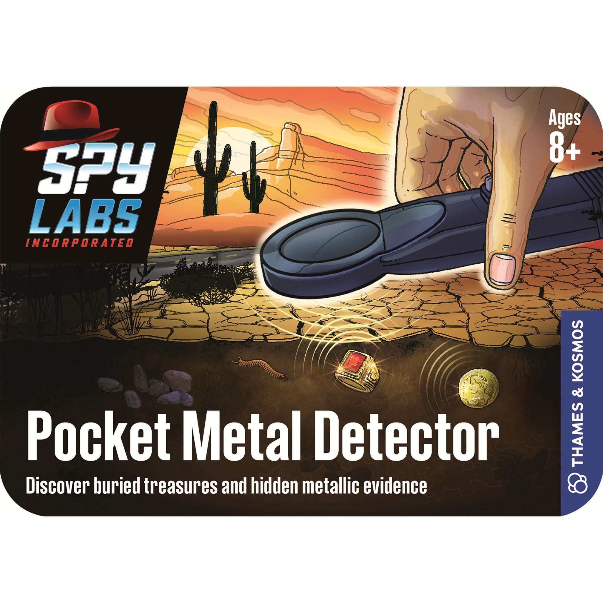 Packaging for Spy Labs Pocket Metal Detector toy featuring the product and metallic objects with a desert backdrop.