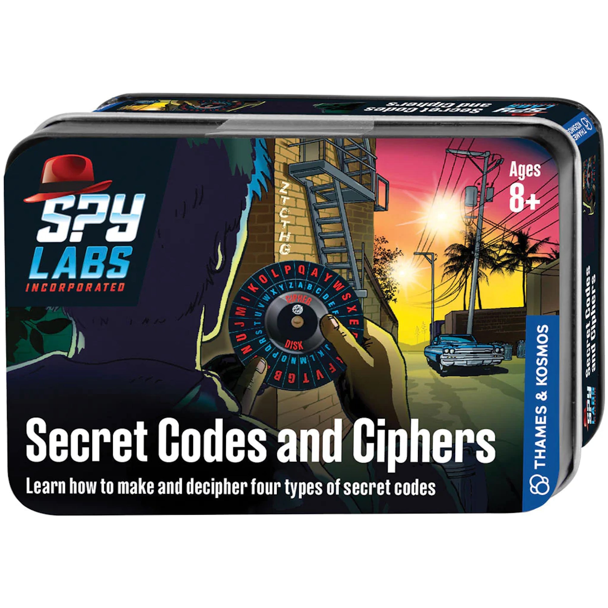 Packaging for 'Spy Labs Secret Codes and Ciphers' game, featuring a spy theme with code wheels and aspy lab equipment, designed for children aged 8 and up.