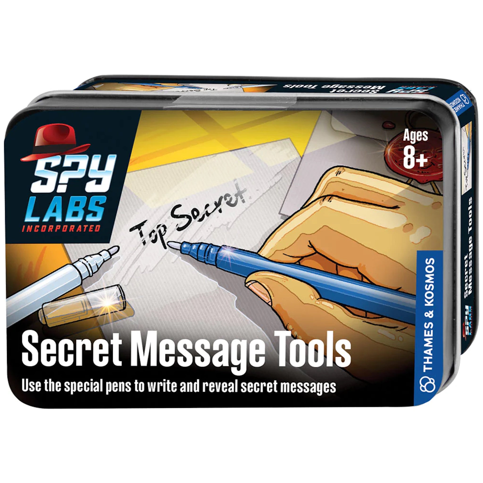 Packaging for Spy Labs Secret Message Tools featuring images of pens and a box with 'Top Secret' written on it, indicating the product is for writing and revealing secret messages.