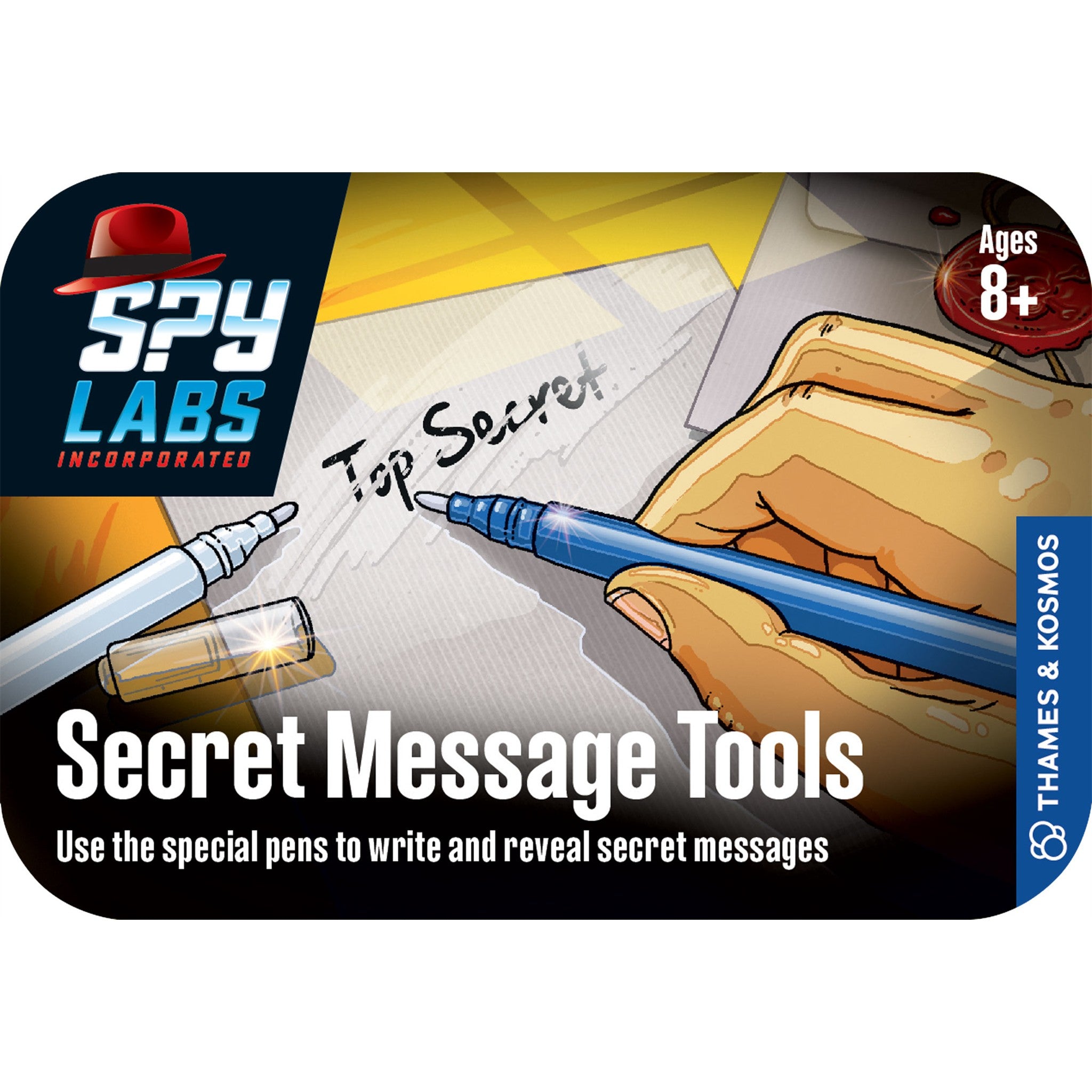 Packaging for Spy Labs Secret Message Tools featuring images of pens and a box with 'Top Secret' written on it, indicating the product is for writing and revealing secret messages.
