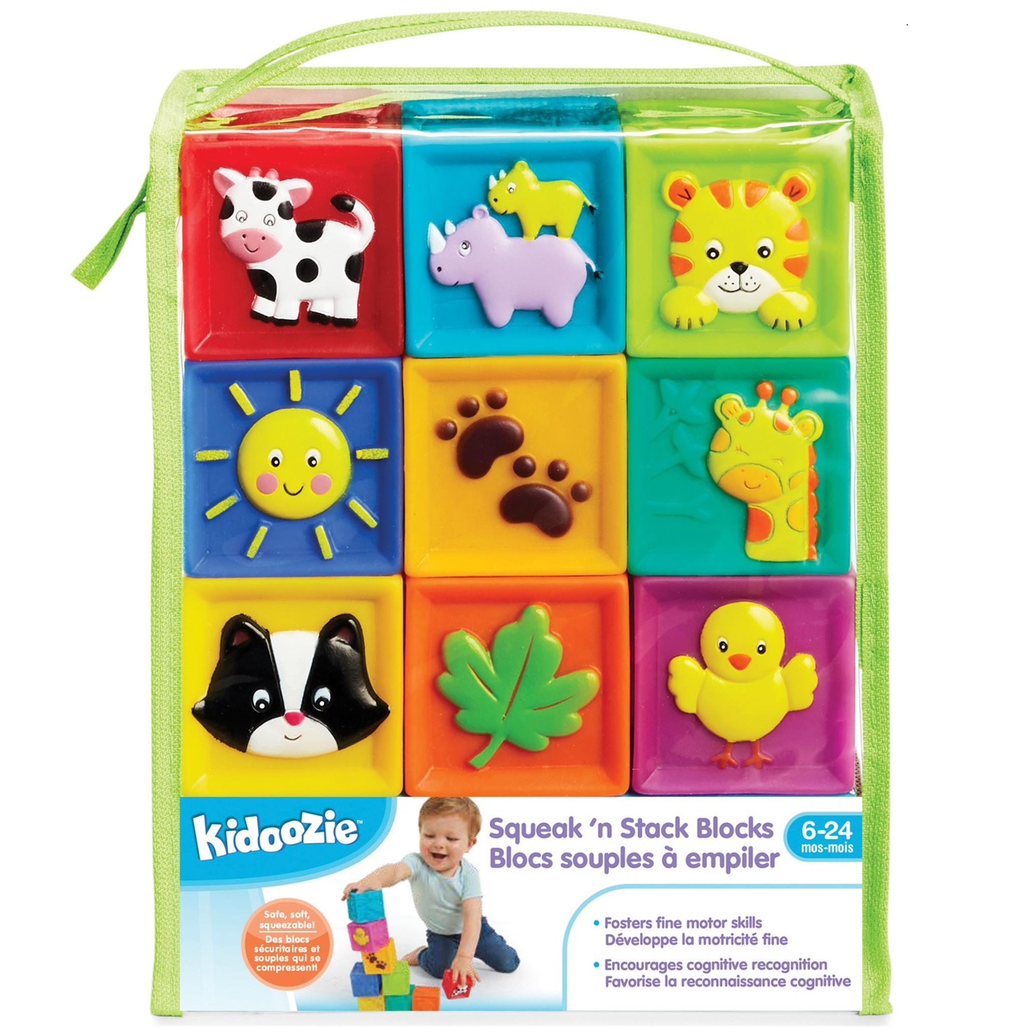 A pack of Squeak N Stack Blocks by Kidoozie, featuring colorful blocks with embossed animal and shape designs for babies.