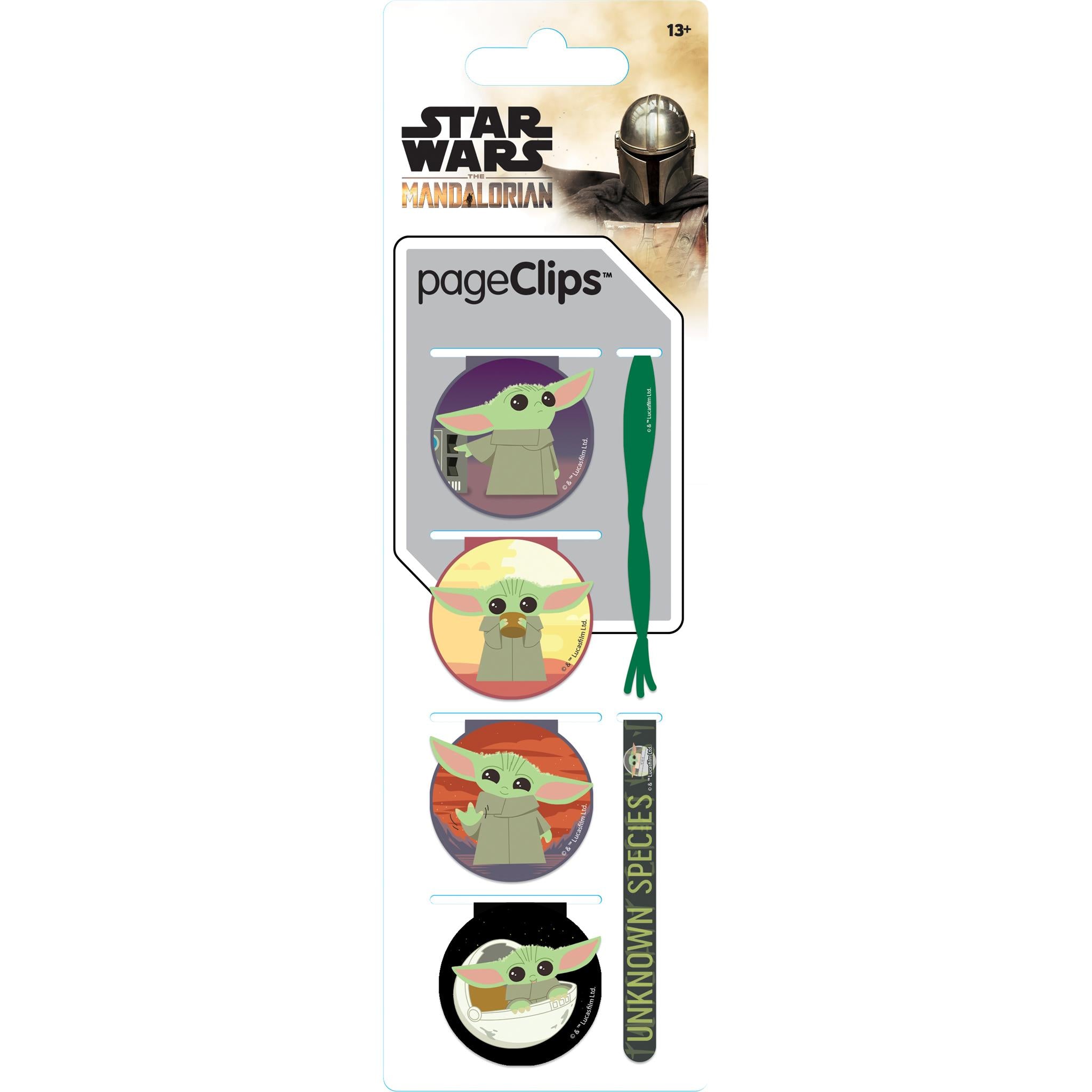 Packaging of Star Wars The Child Mandalorian Magnetic Page Clips with six magnetic page markers in various designs.