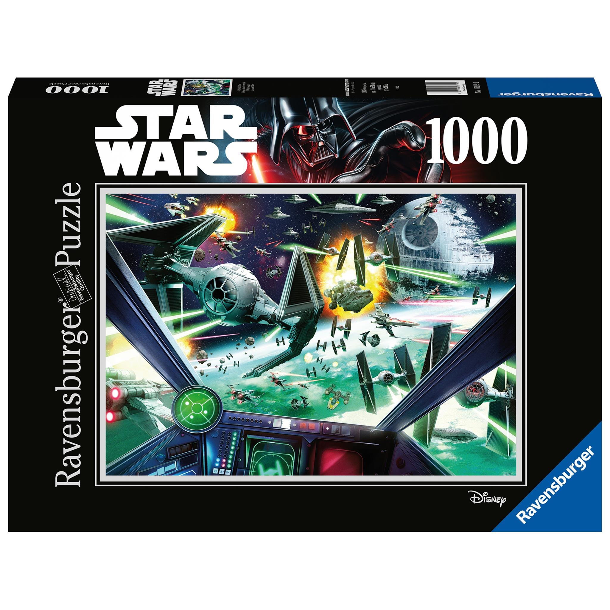 A 1000 piece Ravensburger puzzle box featuring a Star Wars theme with an image of a spacecraft cockpit.
