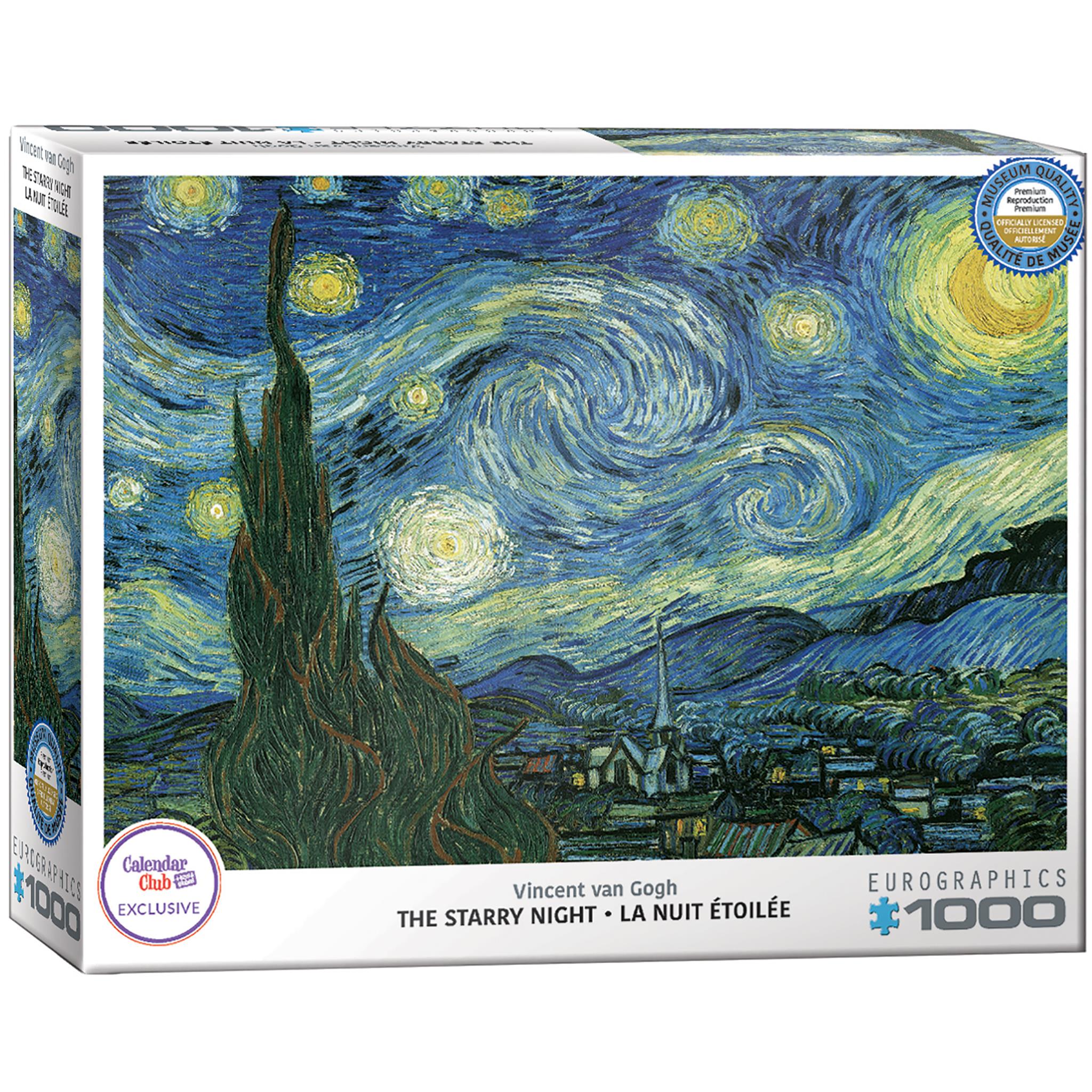 A 1000 piece jigsaw puzzle box featuring 'The Starry Night' painting by Vincent van Gogh with a night sky and stars depicted prominently.