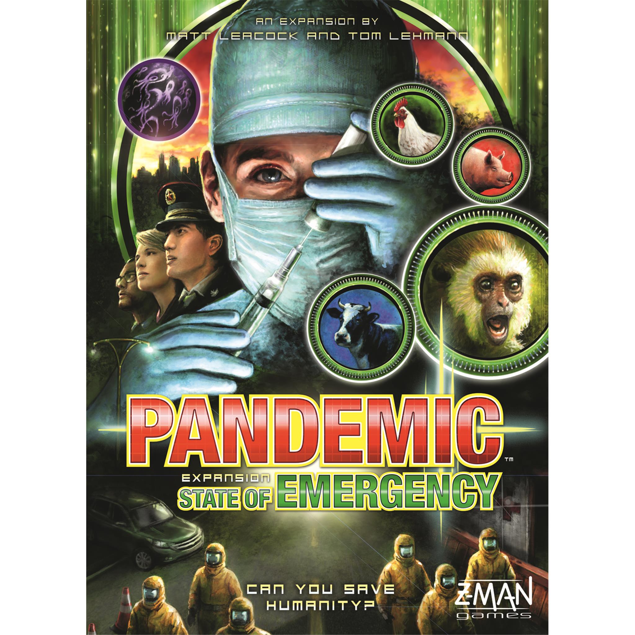 Cover art for the board game 'Pandemic State of Emergency' featuring a collage of images including a person in a biohazard suit, animals, and a title logo.