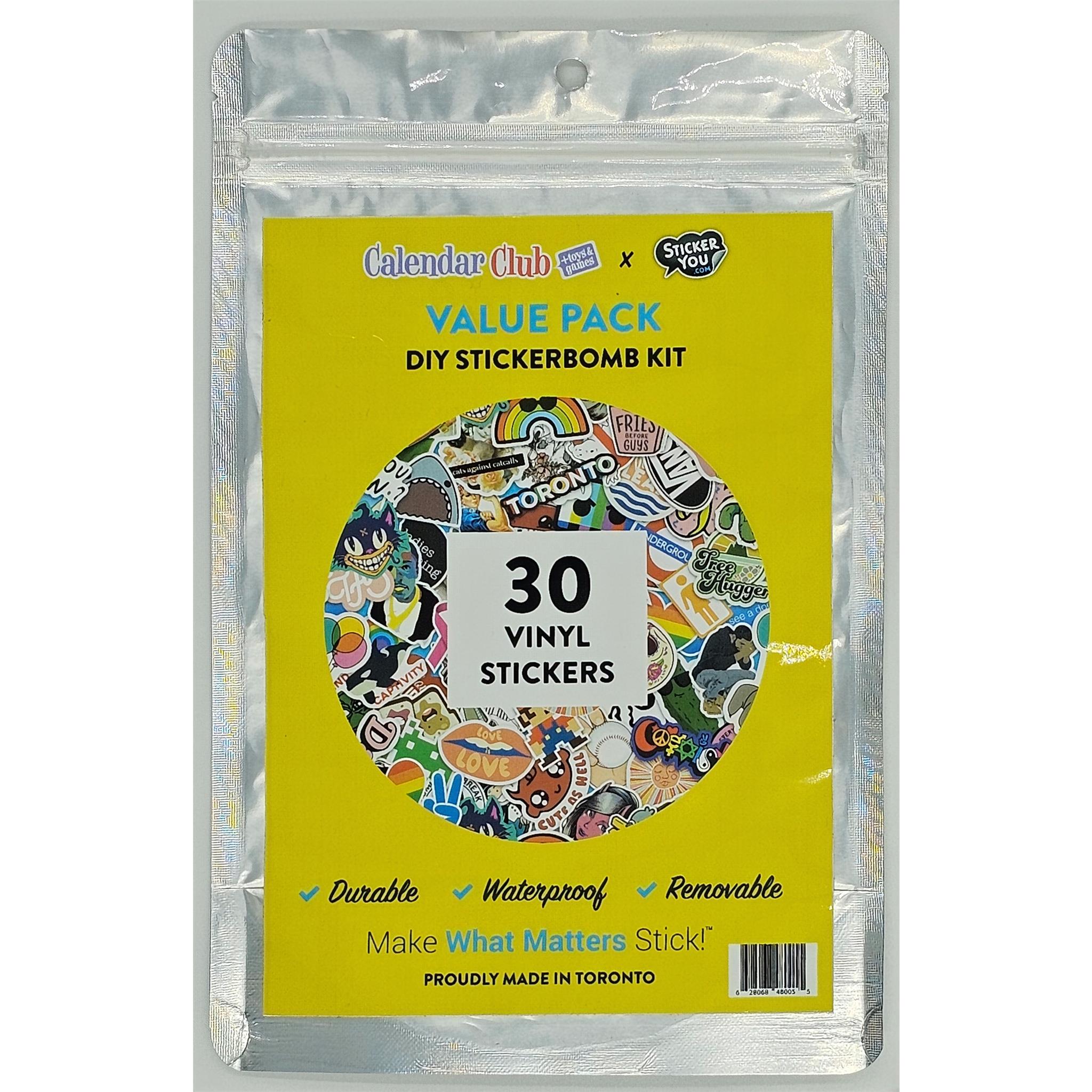 A pack of 30 vinyl stickers from StickerYou, shown in a clear plastic packaging with a yellow label displaying the product details and an additional message 'Make What Matters Stick'. The pack is marked as 'Proudly Made in Toronto'.