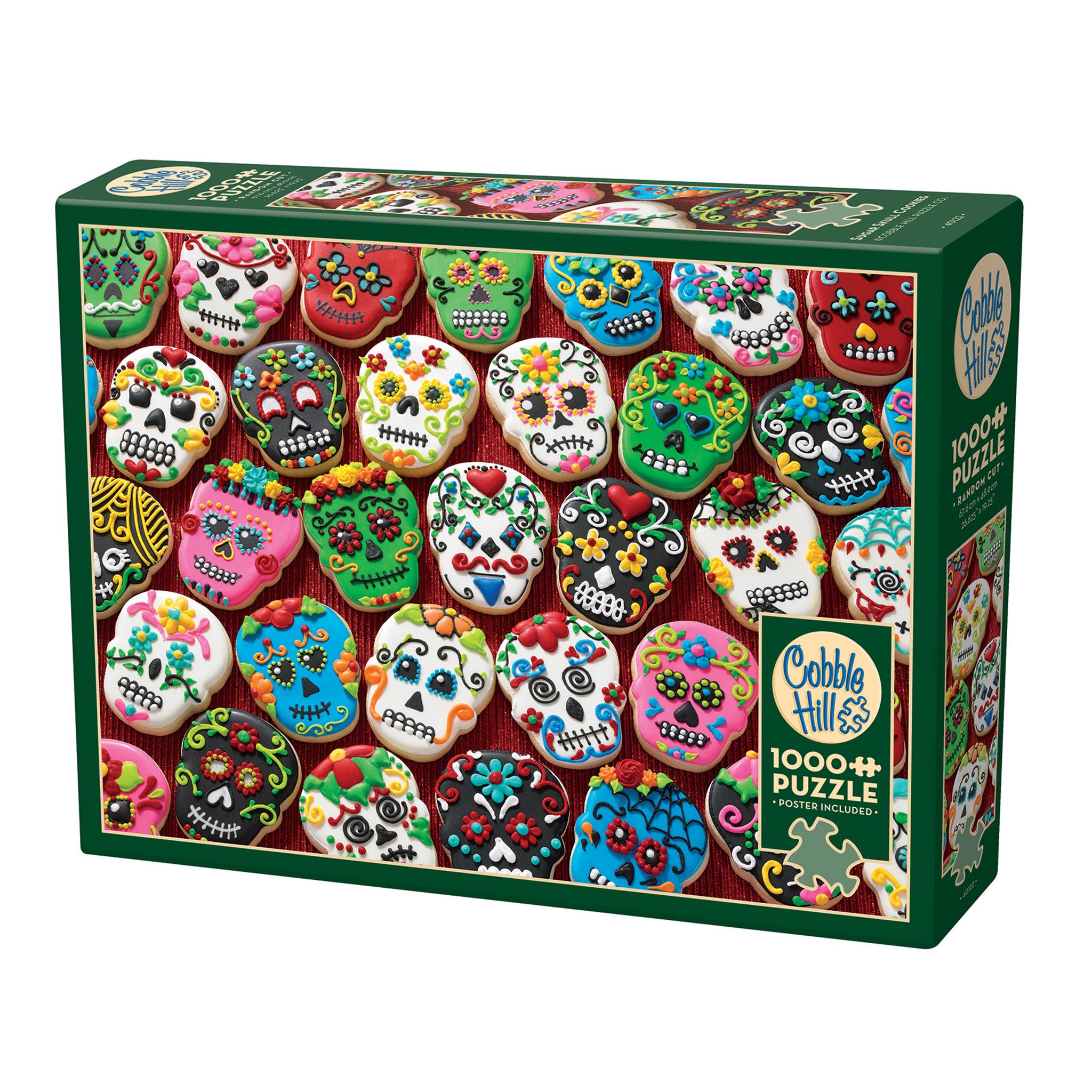 A box of a 1000-piece Cobble Hill jigsaw puzzle featuring colorful sugar skull cookies.