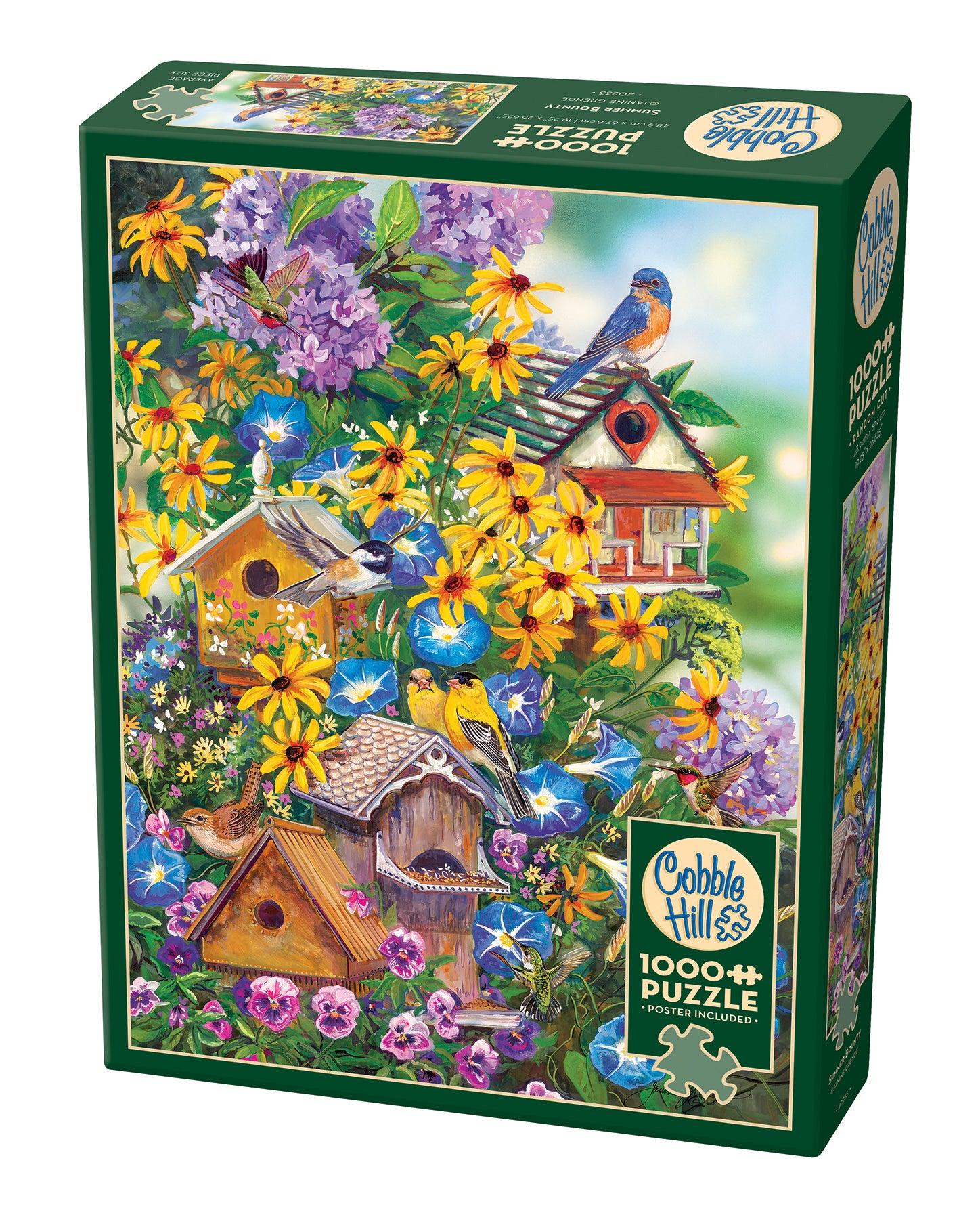 A 1000 piece jigsaw puzzle box featuring an illustration of birdhouses among flowers with a blue bird perched on one of the birdhouses, set against a green background.