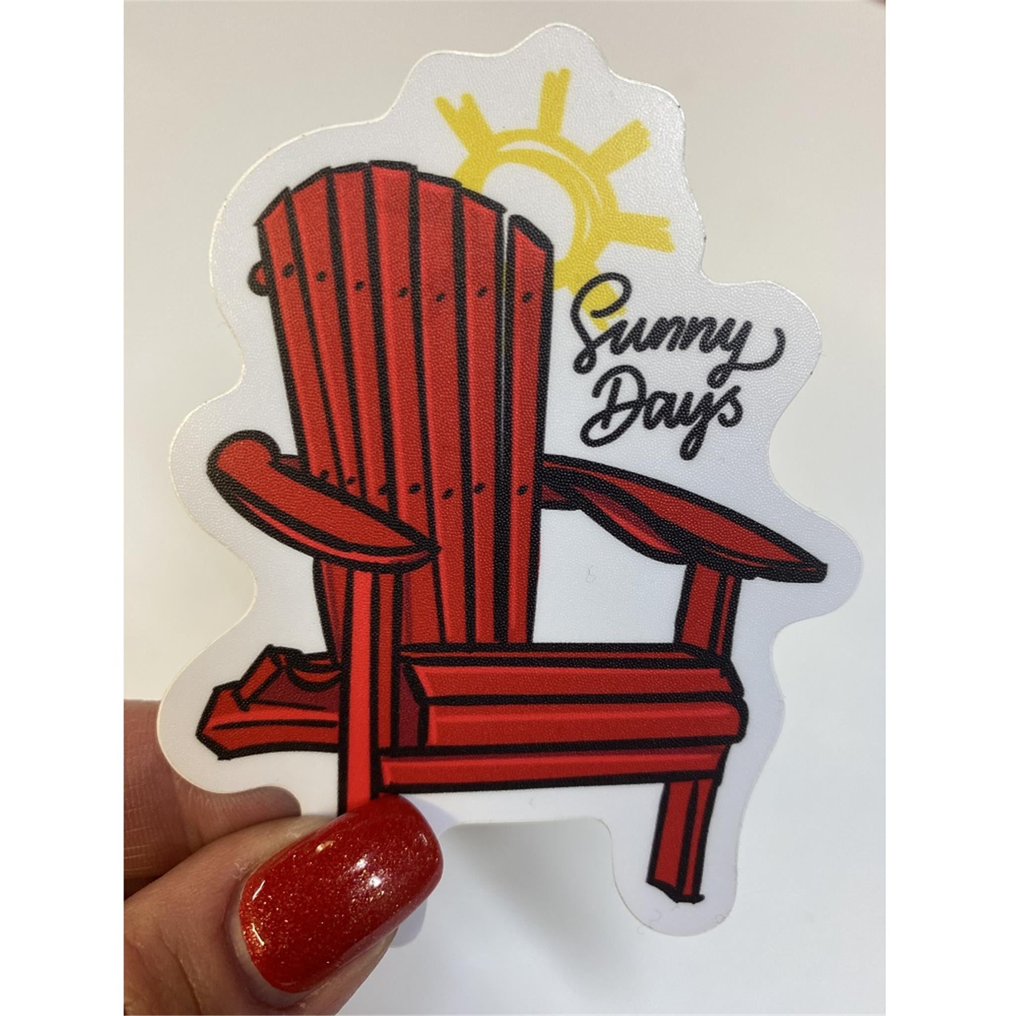 A vinyl sticker depicting a red Muskoka chair with the text 'Sunny Days' and a sun graphic at the top.