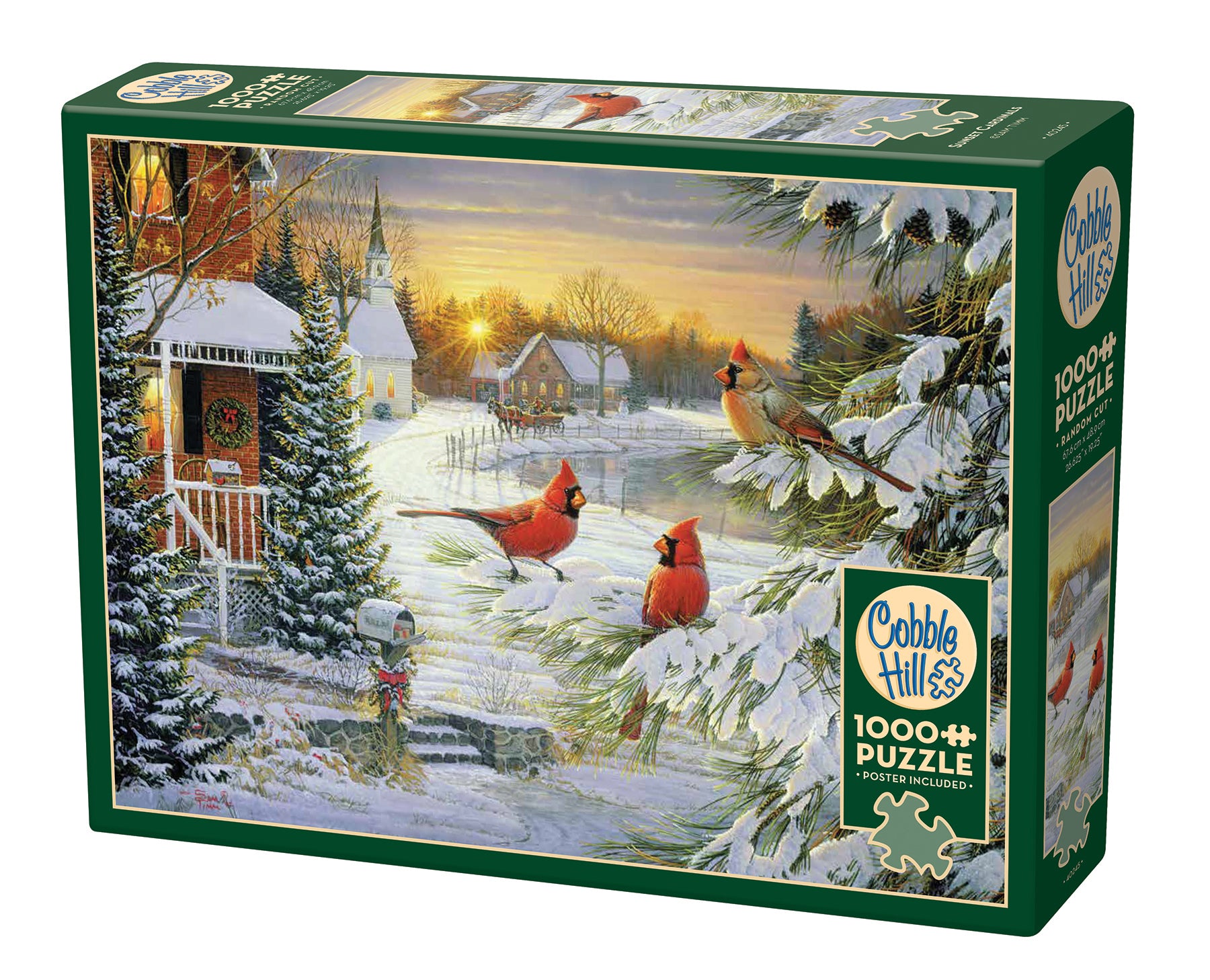 A 1000 piece Cobble Hill puzzle box featuring an illustration of cardinals perched on a pine tree branch with a snowy cabin and sunset in the background.