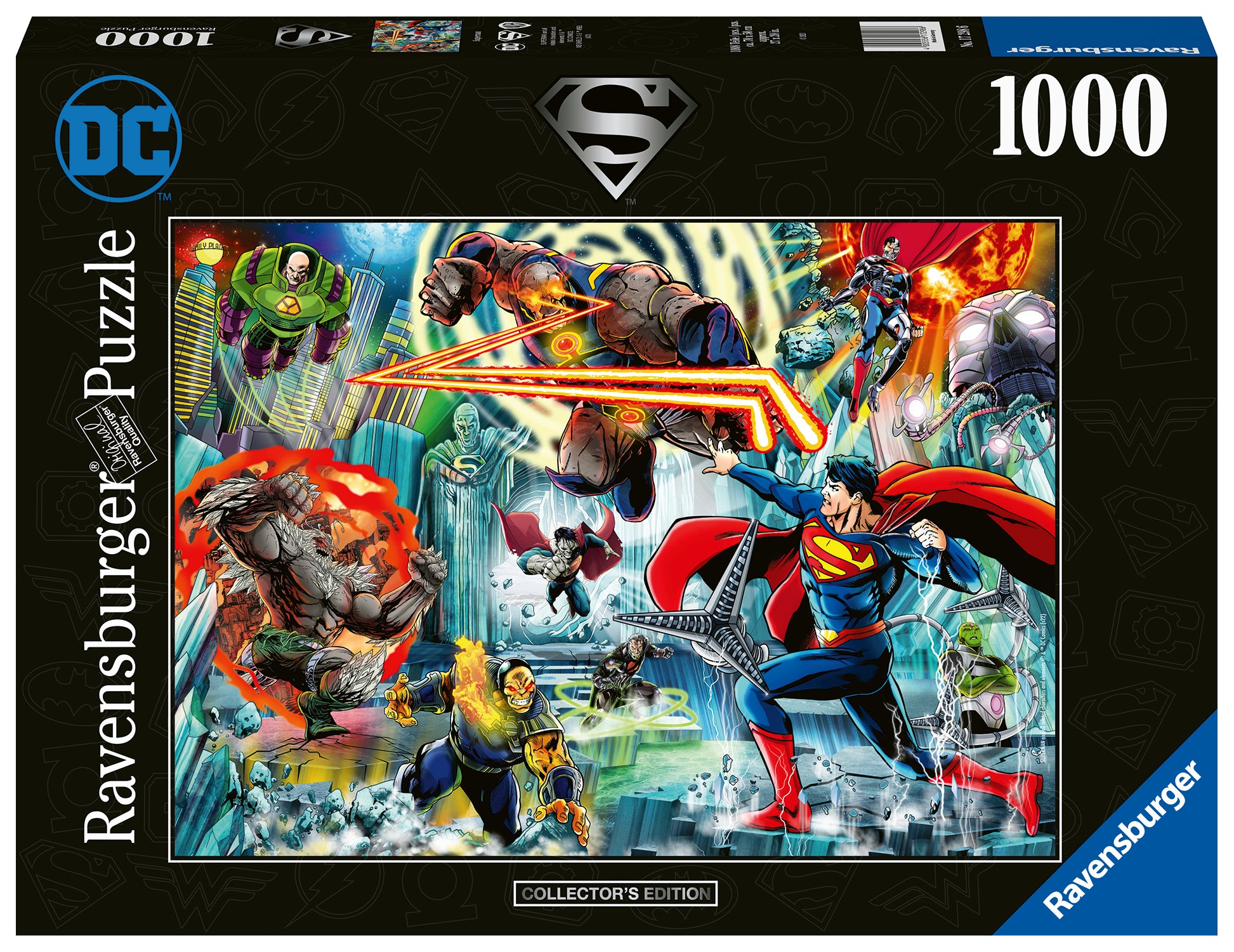 A 1000-piece jigsaw puzzle featuring a dynamic illustration of Superman and other characters from the DC Comics Collection, manufactured by Ravensburger.