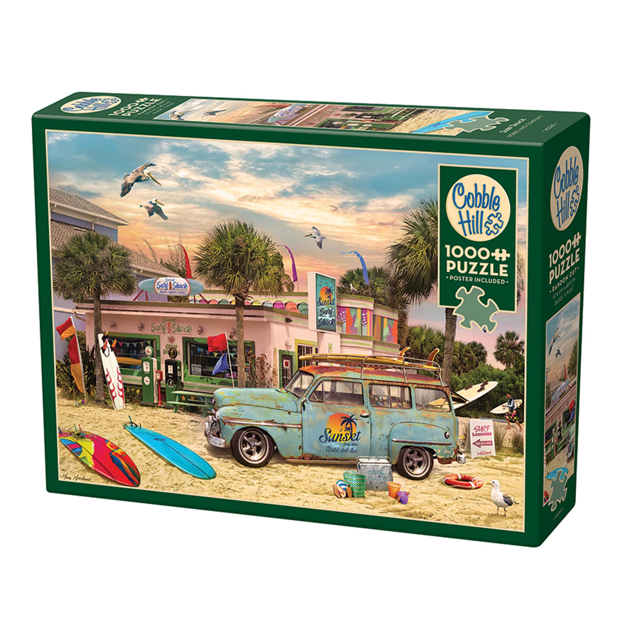 A 1000 piece Cobble Hill puzzle box featuring an illustration of a surf shack with a blue car, surfboards, and pelicans in the sky.
