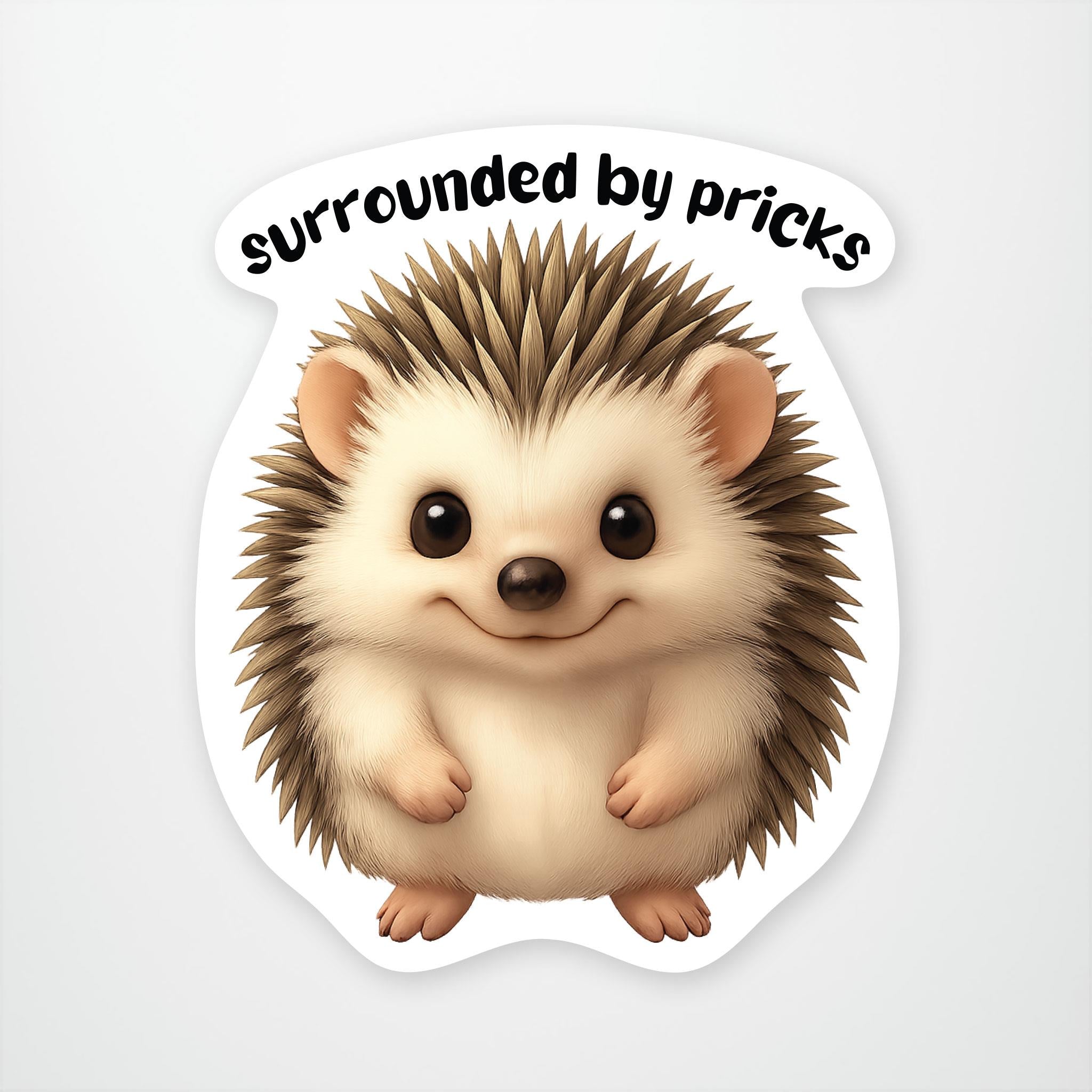 smiling brown and beige woodland hedgehog with the saying Surrounded by pricks above its head on a white background.