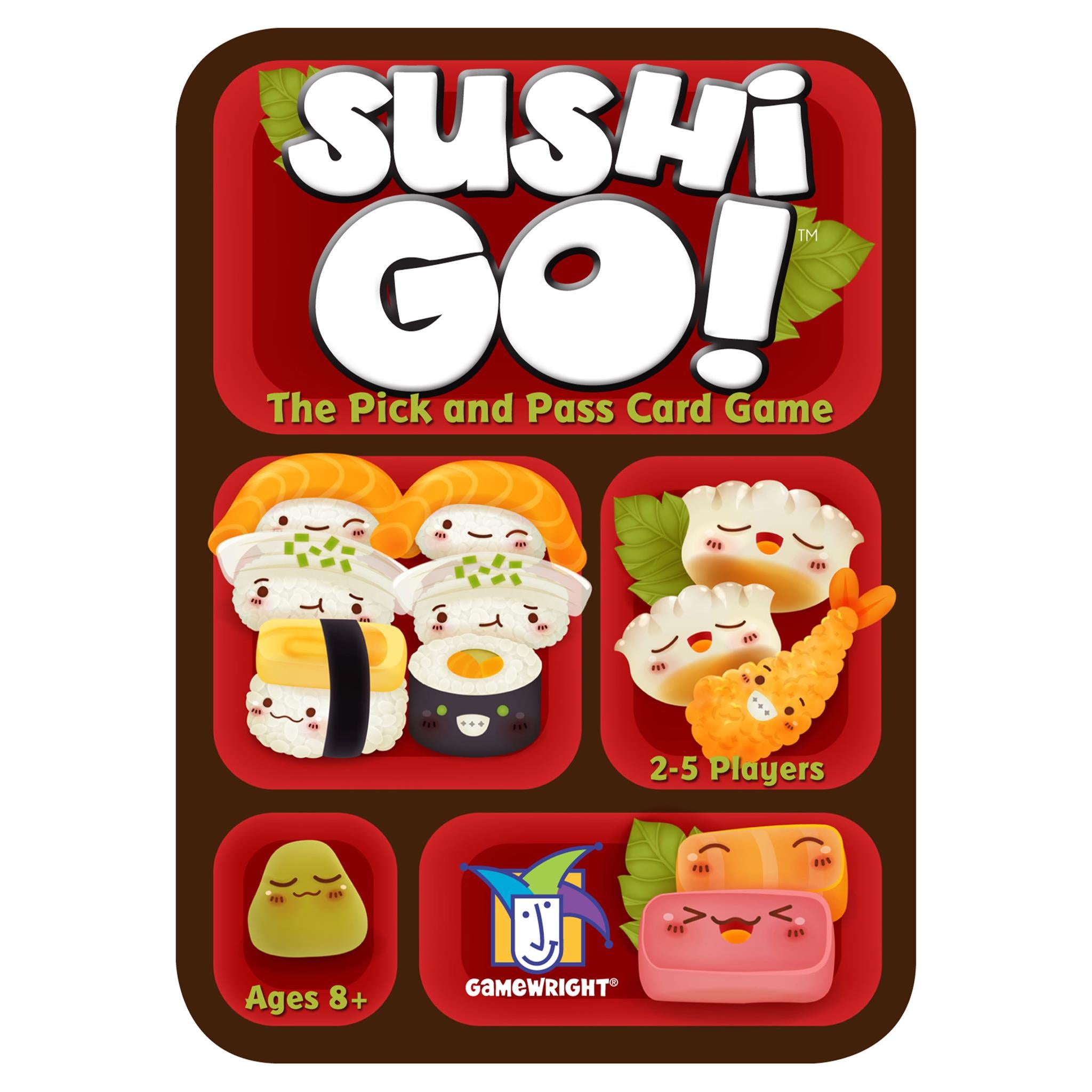 The cover of the board game 'Sushi Go', featuring cartoon-style sushi characters and the text 'The Pick and Pass Card Game, 2-5 Players, Ages 8+'.