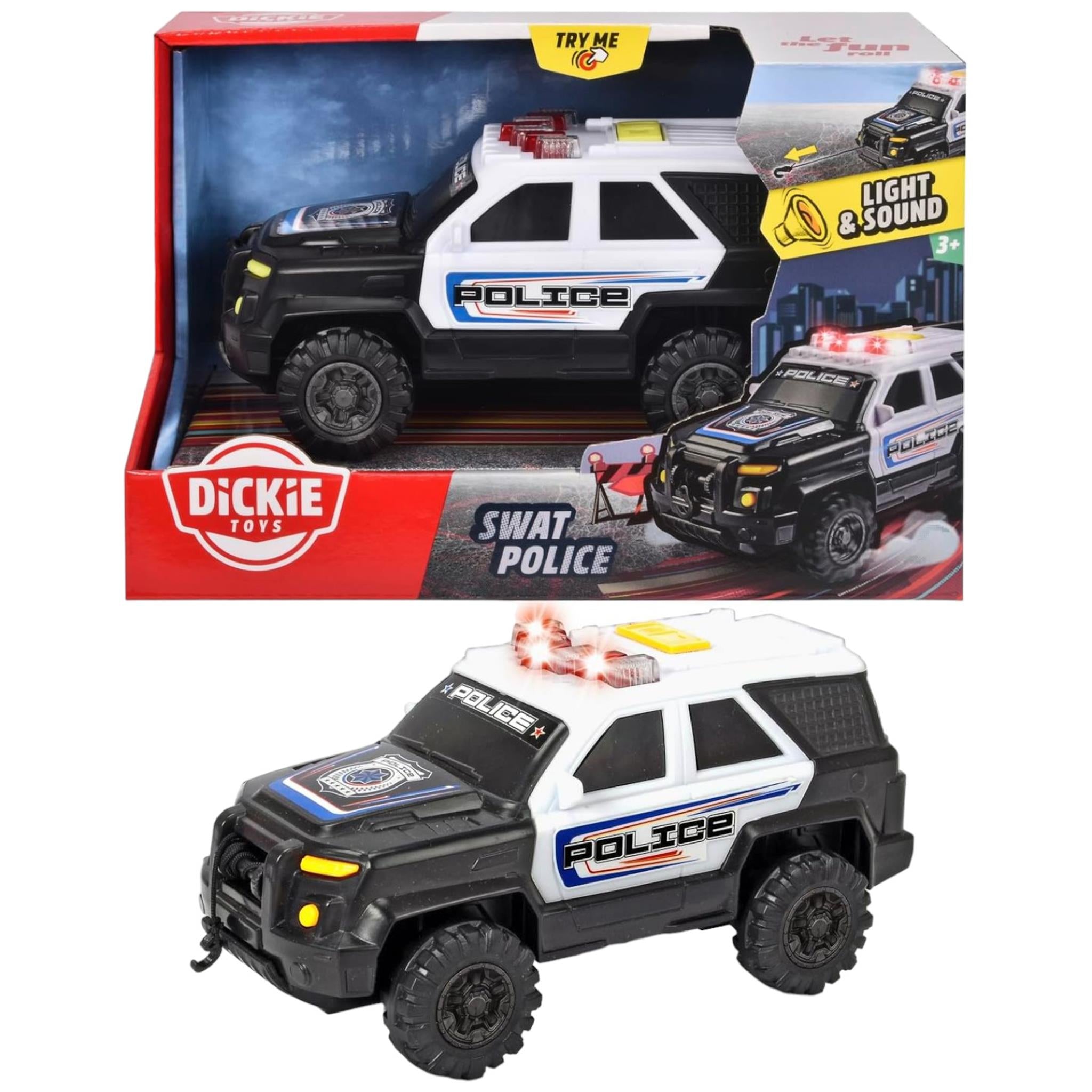A toy SWAT police vehicle with light and sound features, displayed in its packaging which includes Dickie Toys branding.