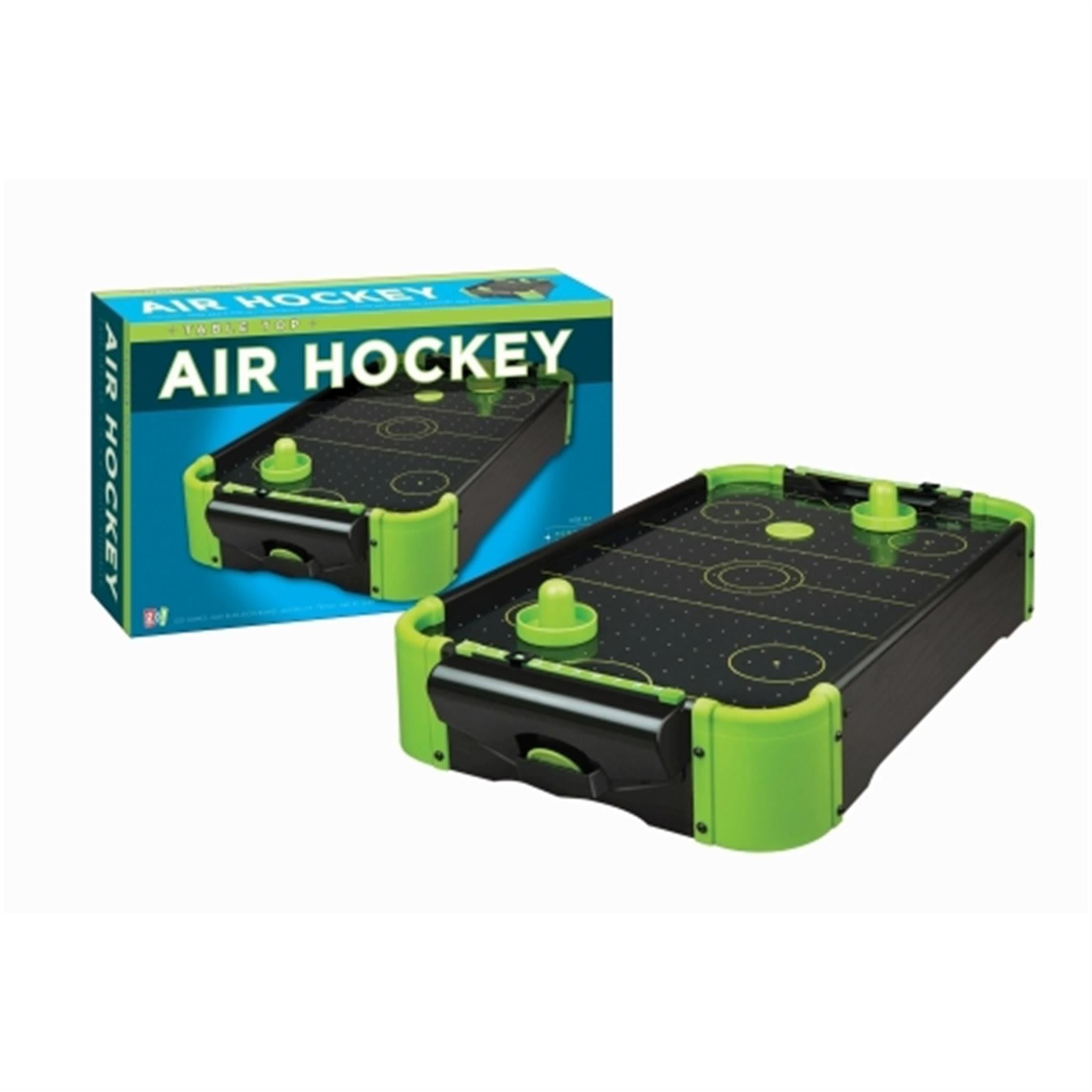 A tabletop air hockey game with black wood finish and neon green field lines, including the packaging box.