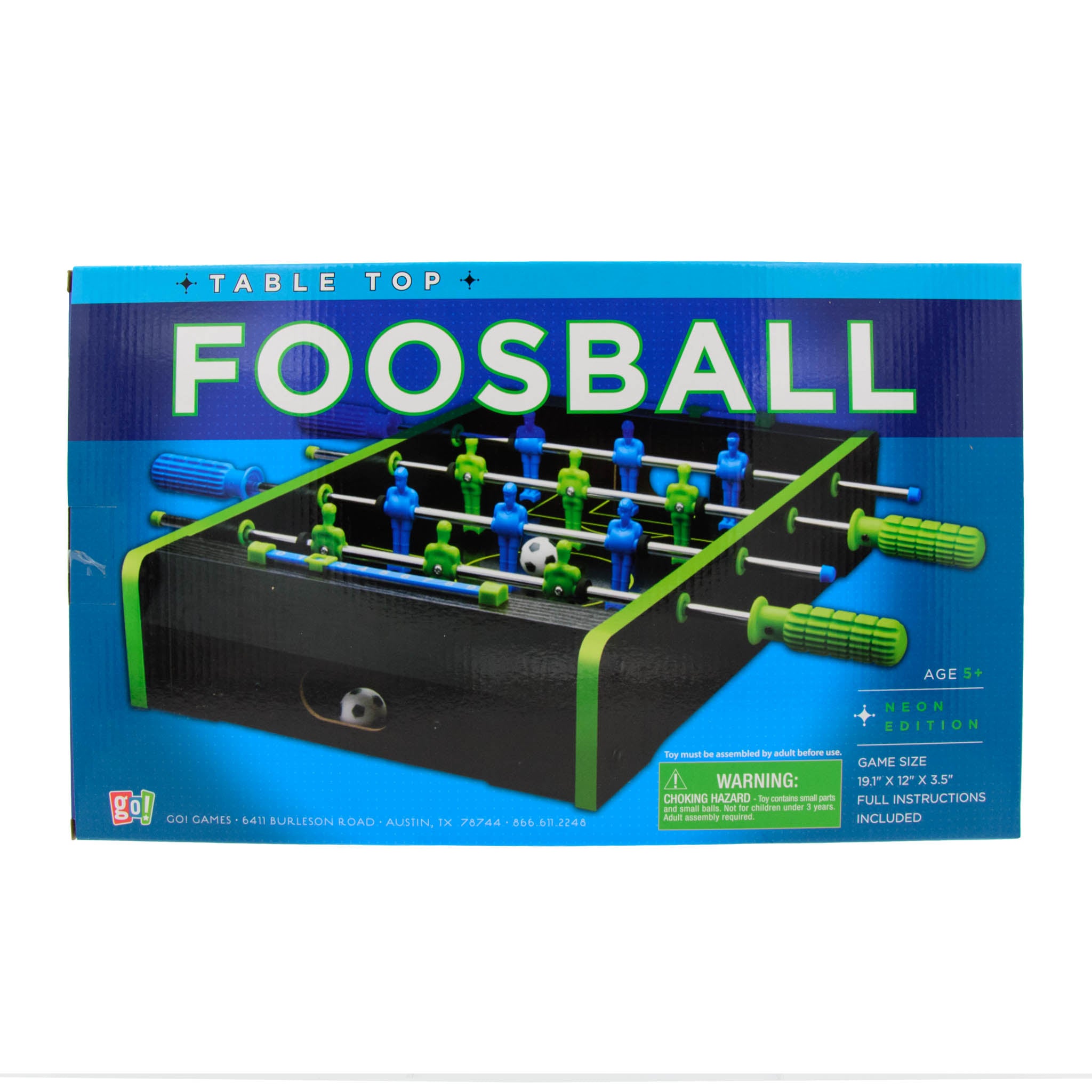Box packaging for a tabletop foosball game with blue and green figures on the board, black wood grain finish, and product details visible.