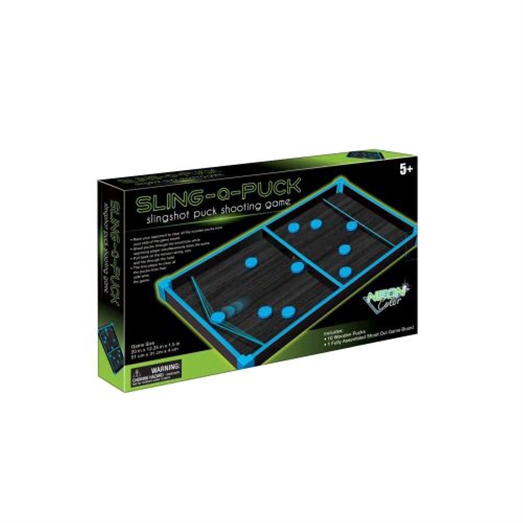 Box packaging for a tabletop neon sling shot puck game, featuring a blue and black design with windows displaying the game contents.