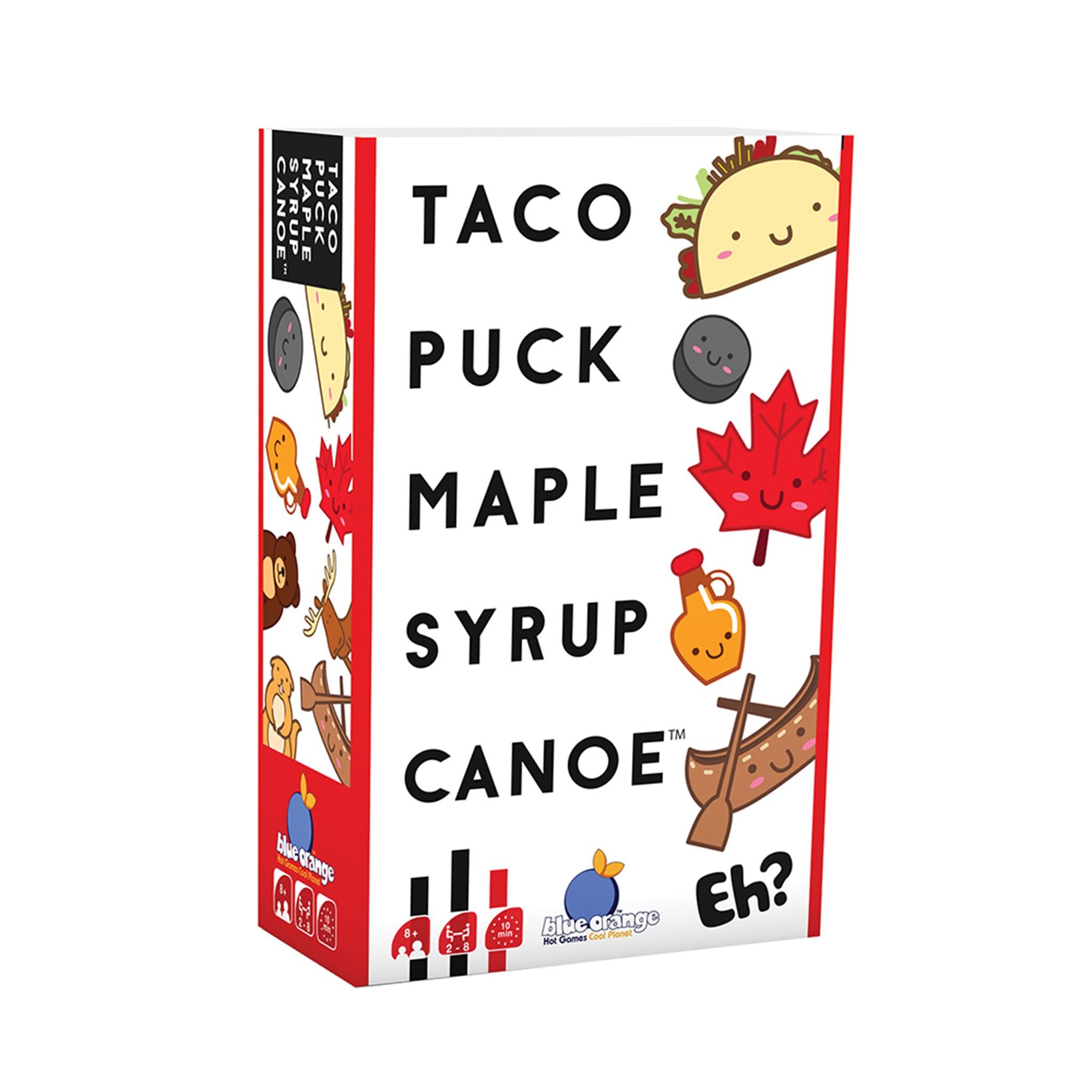 Boxed board game 'Taco Puck Maple Syrup Canoe' featuring illustrations of a taco, hockey puck, maple leaf, and canoe on a red and white background.