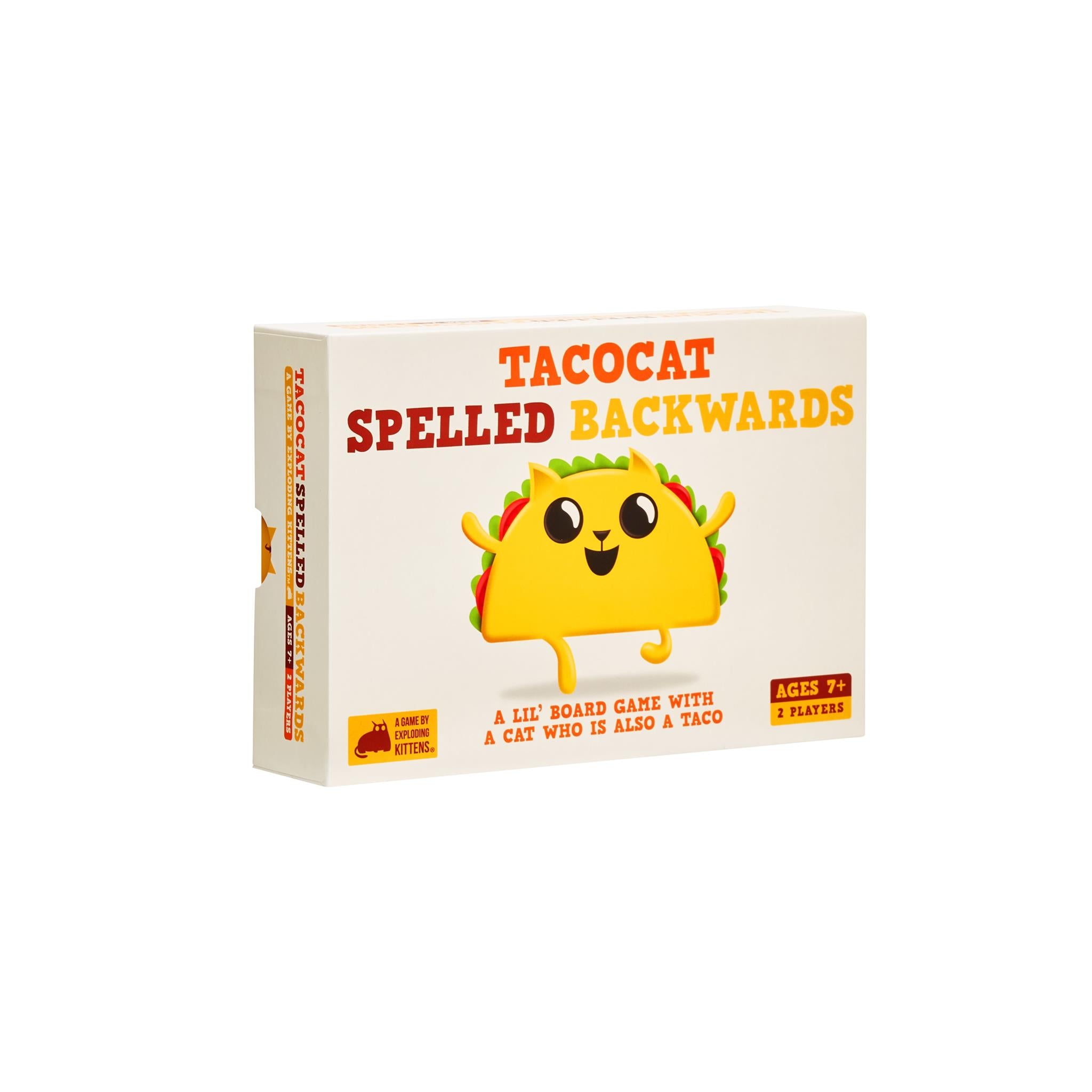 Board game box for 'Tacocat Spelled Backwards' featuring an illustration of a taco with a face and eyes, set against a beige background.