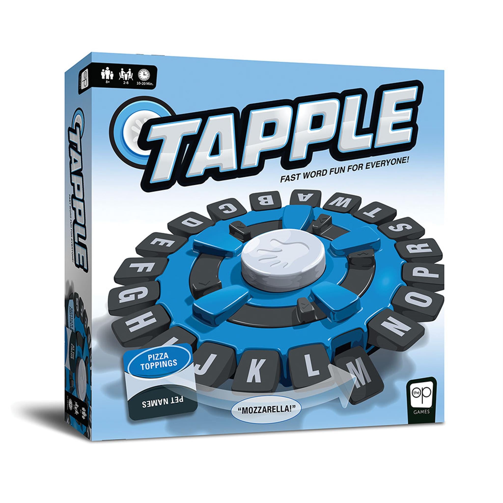 The image shows the board game 'Tapple' in its packaging. The box is predominantly white and blue, with the game's name and a graphic of a portable letter wheel prominently displayed.