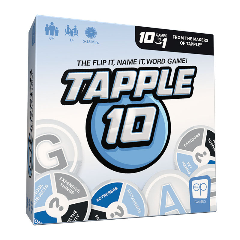 The image shows the packaging of 'Tapple 10', a board game designed for 2 to 4 players aged 8 and up. The box is predominantly white and blue, featuring the game's name prominently on the front with stylized fonts, and images of game components like cards and a sand timer.
