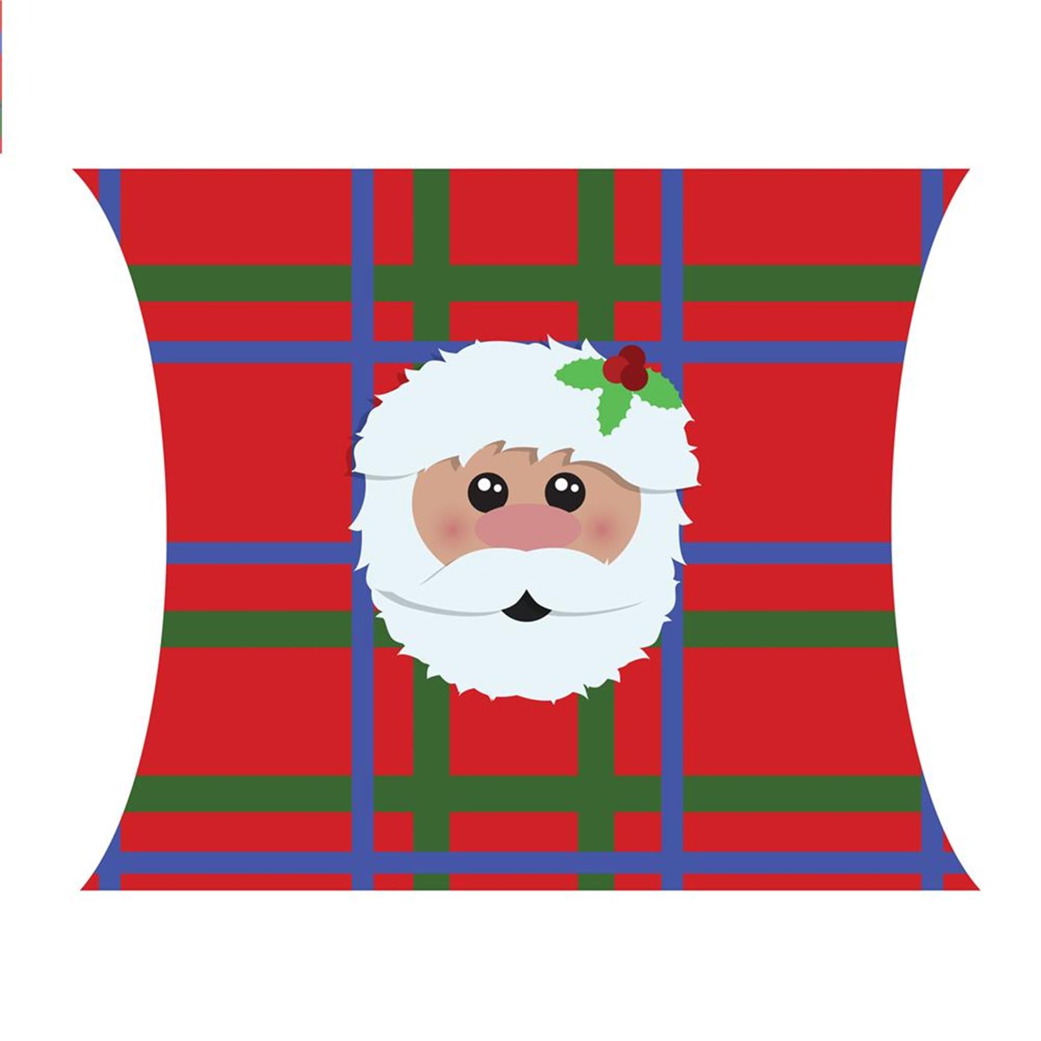 A graphic image of a Santa Claus face on a pillow gift wrap with a red and green tartan pattern.