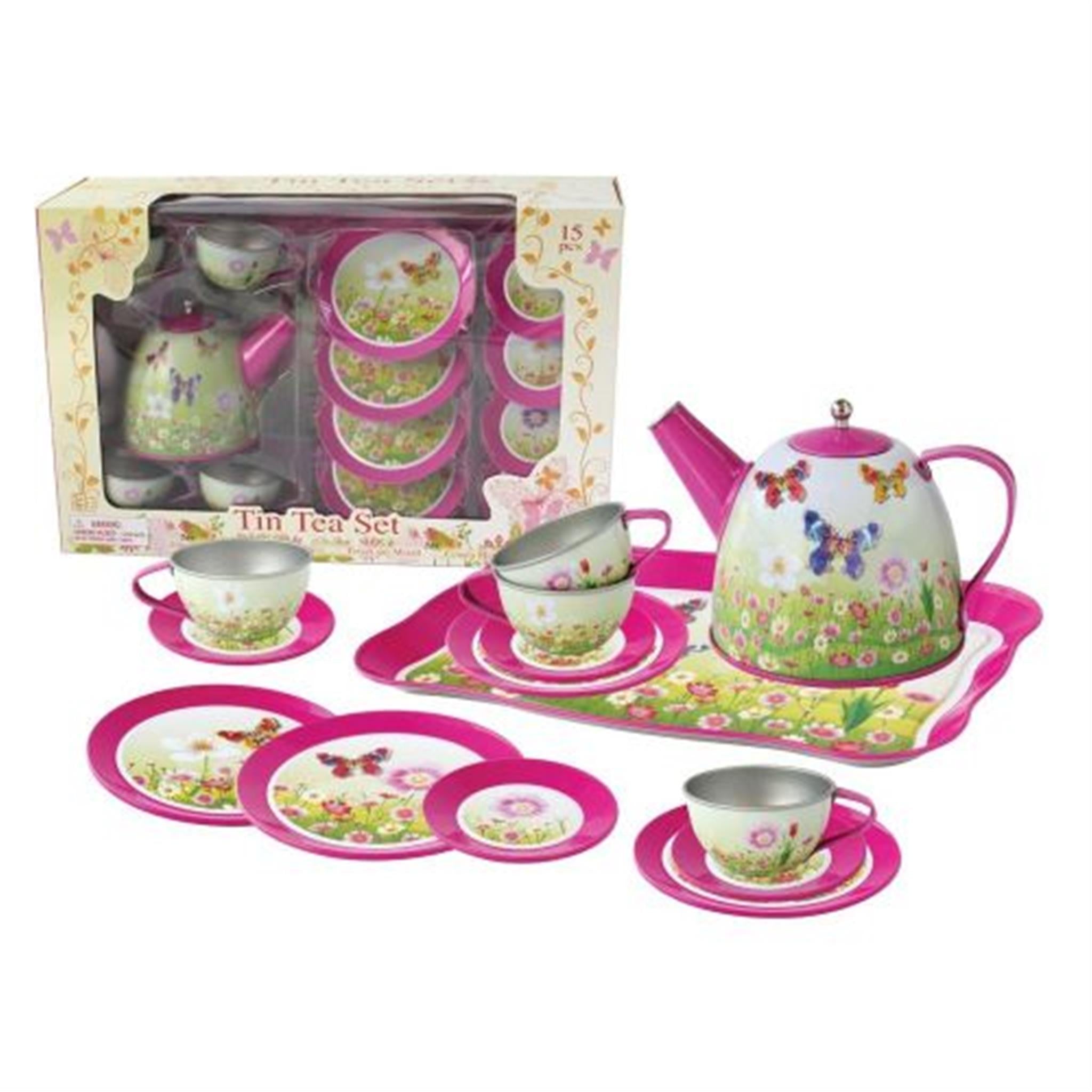 A 15-piece tin tea set with assorted colorful butterfly designs, including a teapot, cups, saucers, and a tray, packaged in a box.