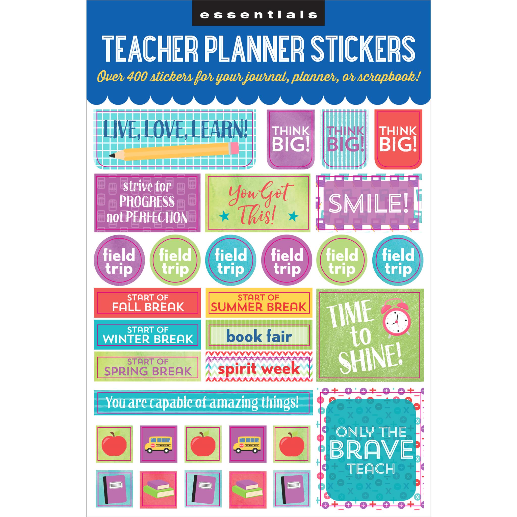 A variety of colorful teacher planner stickers with different themes, including motivational phrases, school-related images like pencils and apples, and stickers for occasions such as field trips and parent/teacher conferences.