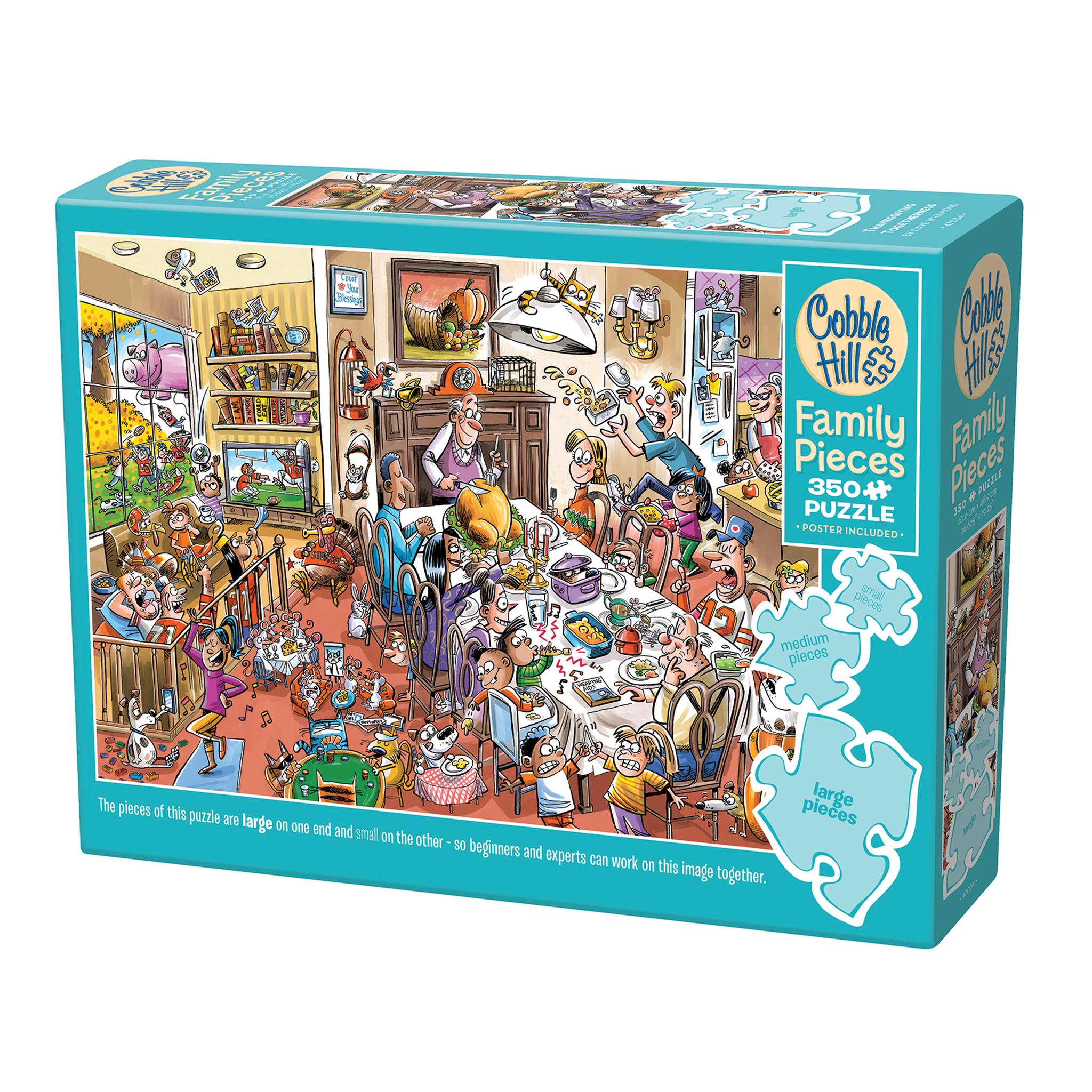 A puzzle box featuring an illustration of a busy Thanksgiving scene with multiple characters in a kitchen, indicating a humorous situation with uninvited guests. The box indicates it's a 350 piece 'Family Pieces' puzzle by Cobble Hill.