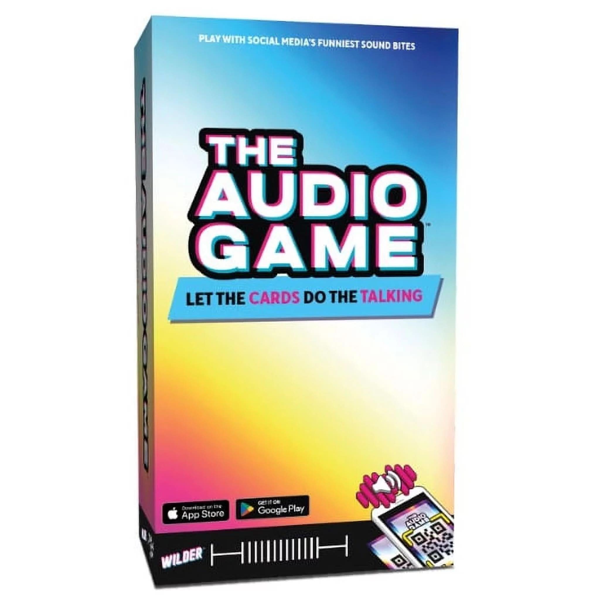 The product image shows the packaging of 'The Audio Game', which features a colorful design with images of the game's cards and a QR code.