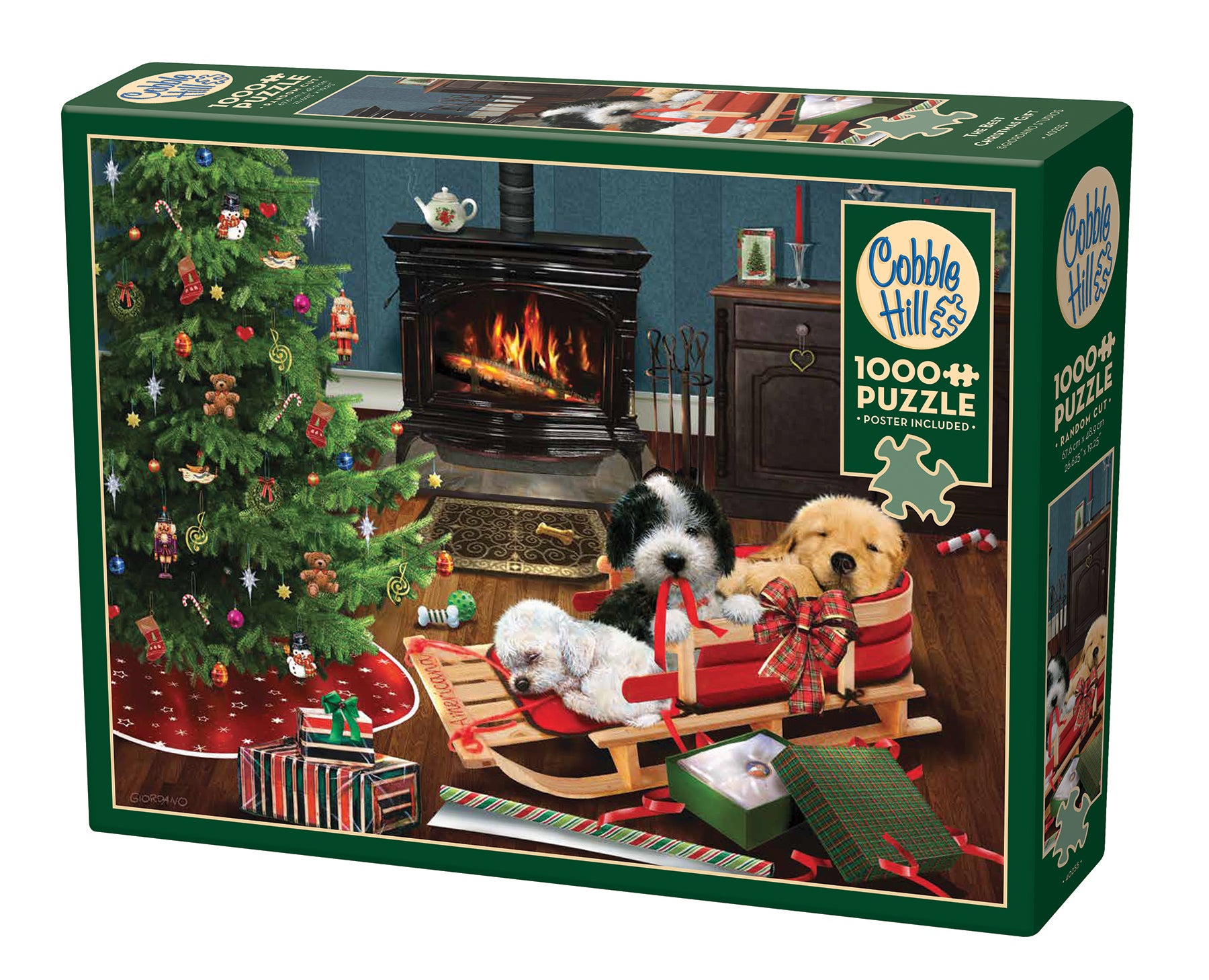 A 1000-piece Cobble Hill puzzle box featuring an illustration of two puppies playing with Christmas presents in a room with a decorated tree and a fireplace.