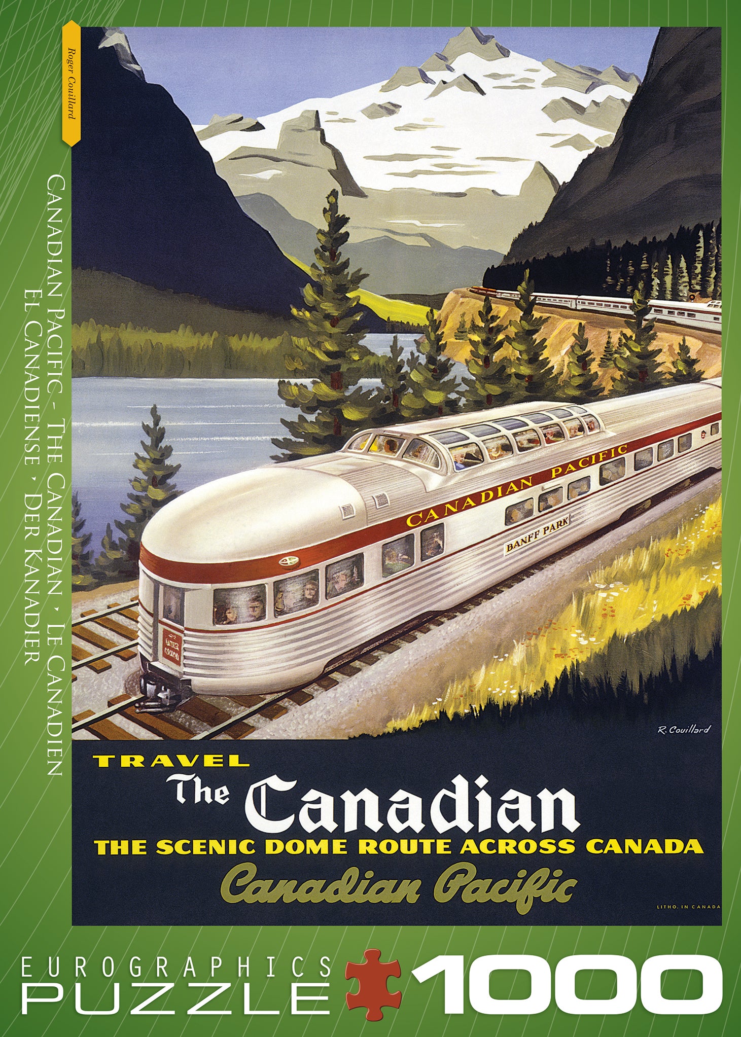 A 1000-piece jigsaw puzzle depicting a train, 'The Canadian' by Roger Cuillard, with a scenic background of mountains and a clear sky.