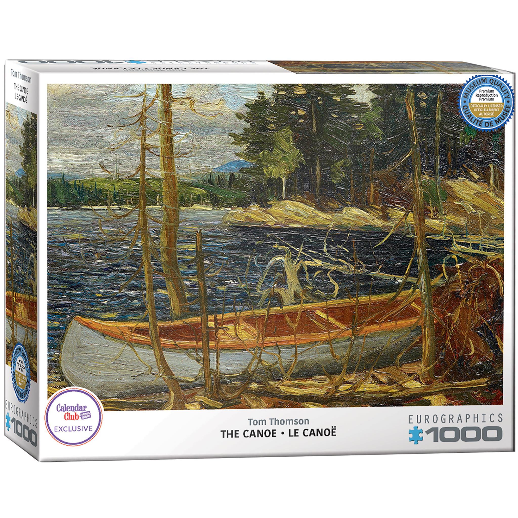 A 1000-piece jigsaw puzzle box featuring a representation of 'The Canoe' by Tom Thomson with a Canadian landscape in the background.
